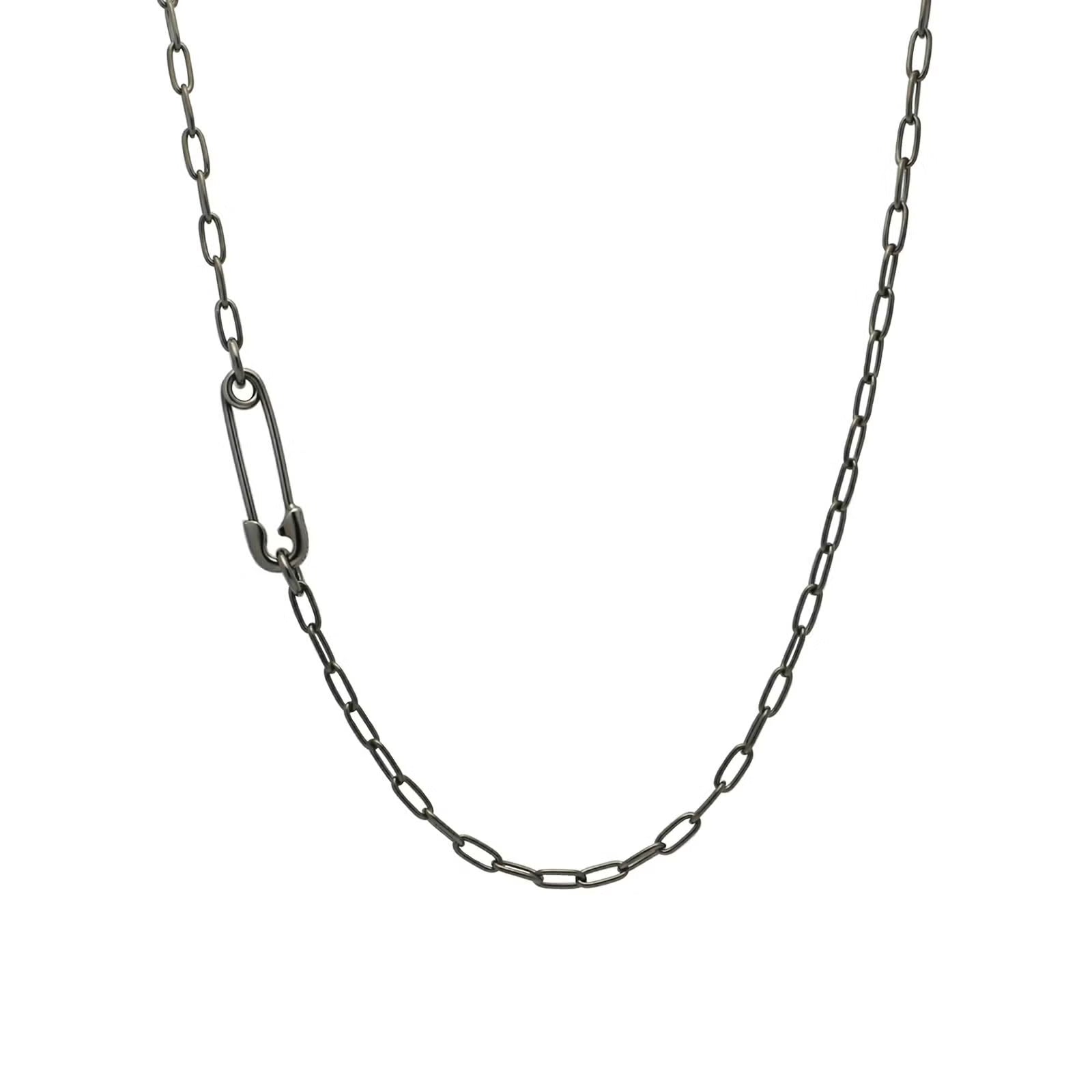 Safety Pin Long Azuki Chain Diamond Necklace S - Black