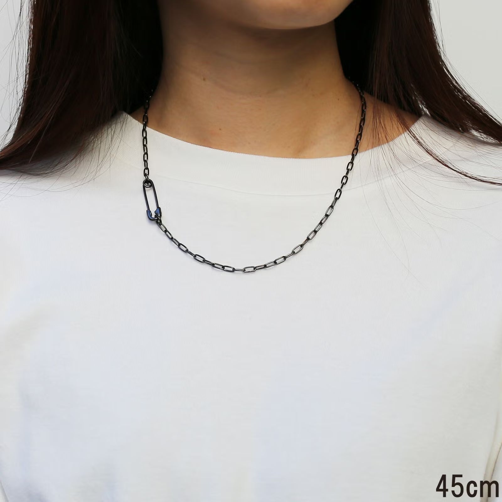 Safety Pin Long Azuki Chain Diamond Necklace S - Black