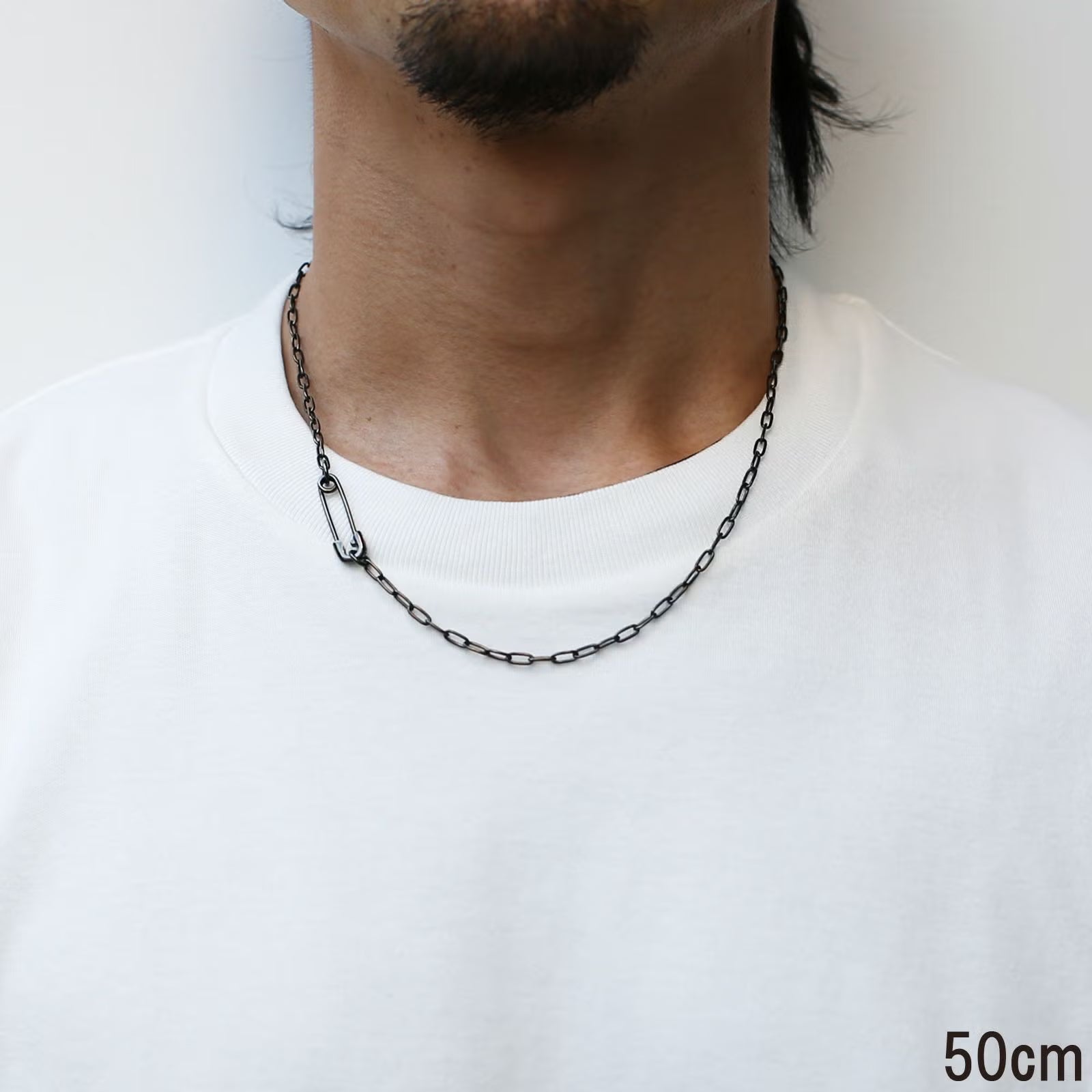 Safety Pin Long Azuki Chain Diamond Necklace S - Black