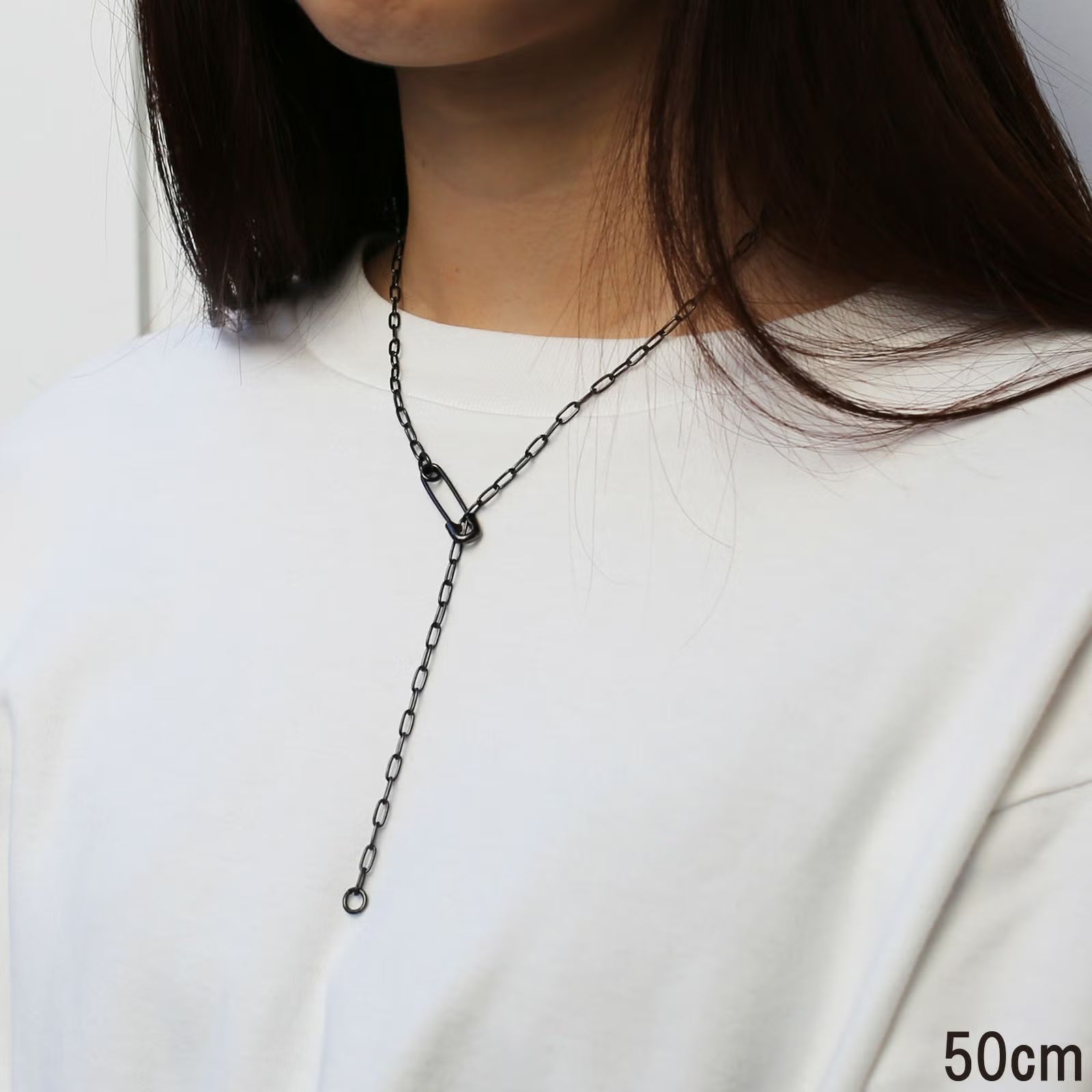 Safety Pin Long Azuki Chain Diamond Necklace S - Black