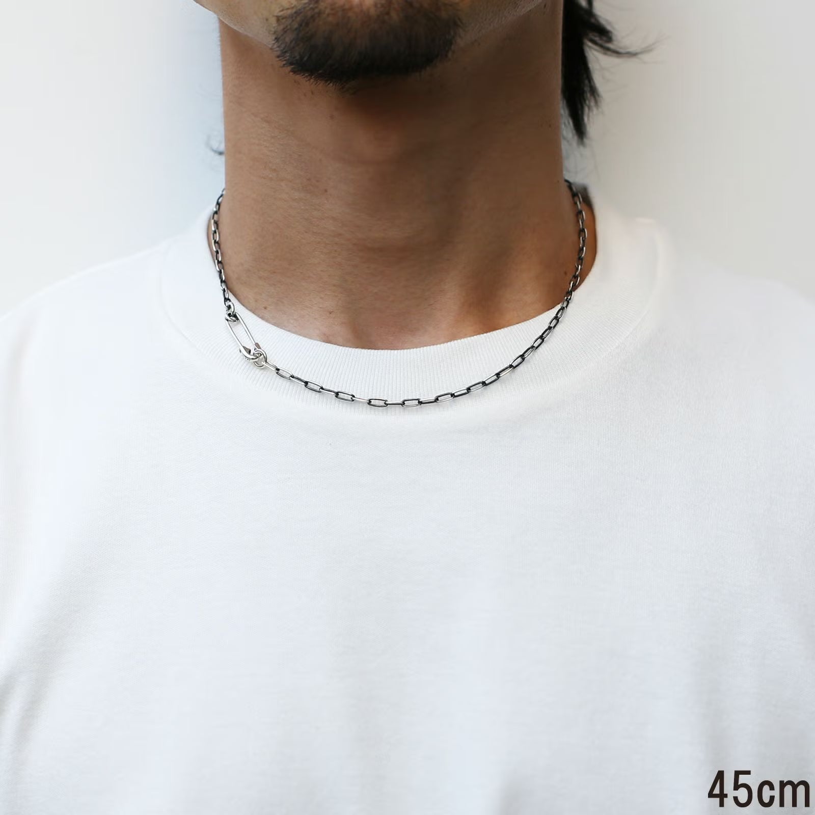 Safety Pin Long Azuki Chain Diamond Necklace S - Silver (Smoked Finish)