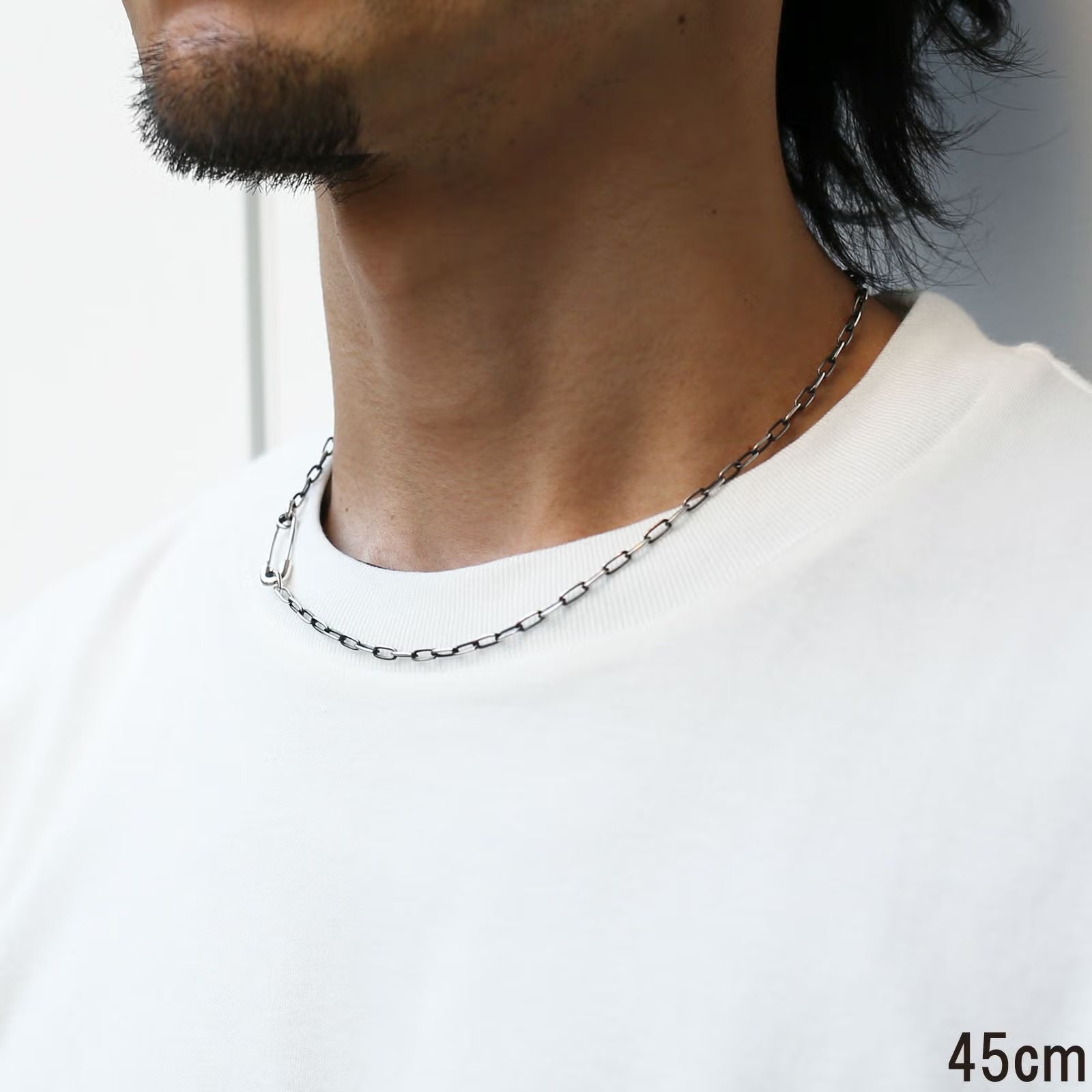 Safety Pin Long Azuki Chain Diamond Necklace S - Silver (Smoked Finish)