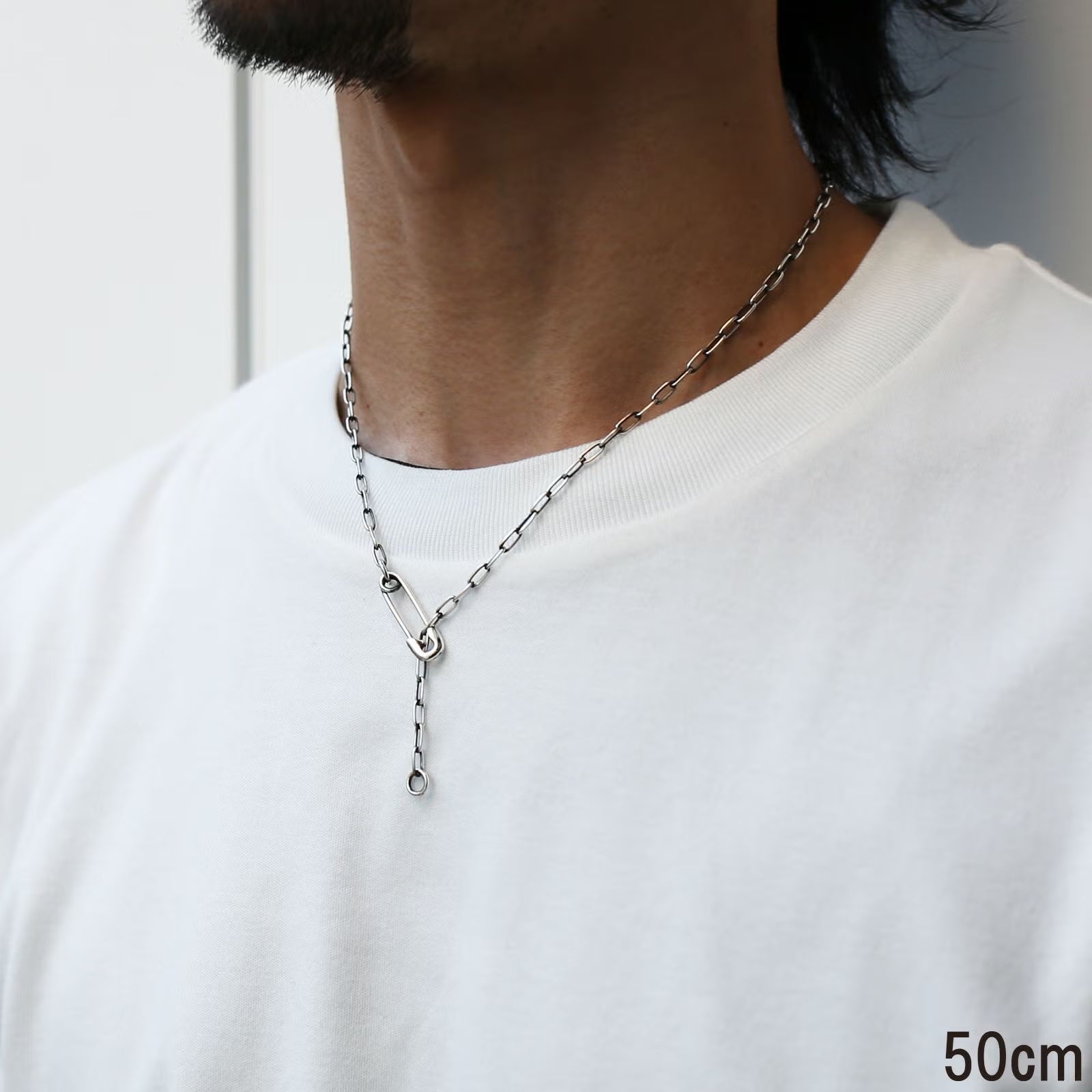 Safety Pin Long Azuki Chain Diamond Necklace S - Silver (Smoked Finish)