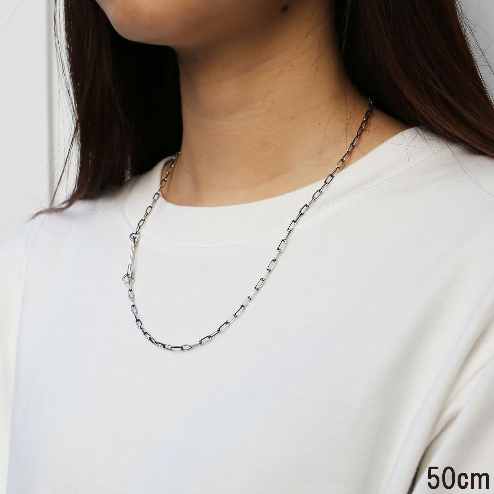 Safety Pin Long Azuki Chain Diamond Necklace S - Silver (Smoked Finish)