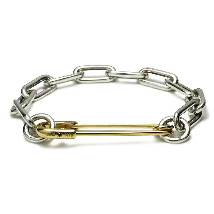 Safety Pin Long Azuki Chain Diamond Bracelet L - 18K Yellow Gold