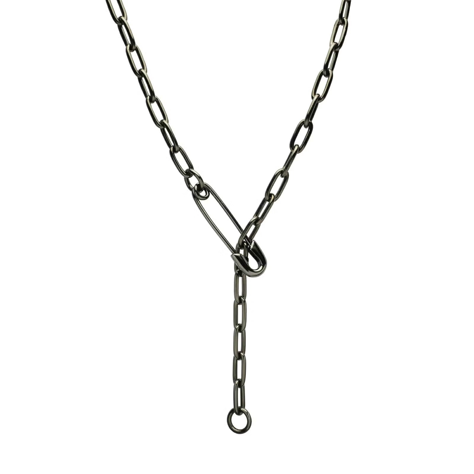 Safety Pin Long Azuki Chain Diamond Necklace M - Black