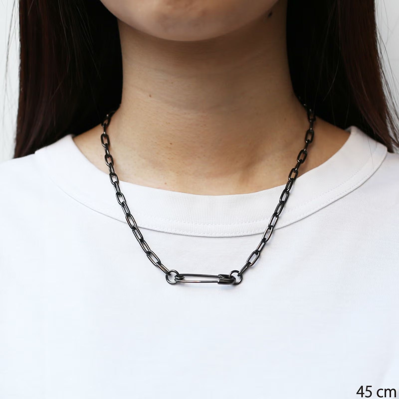 Safety Pin Long Azuki Chain Diamond Necklace M - Black