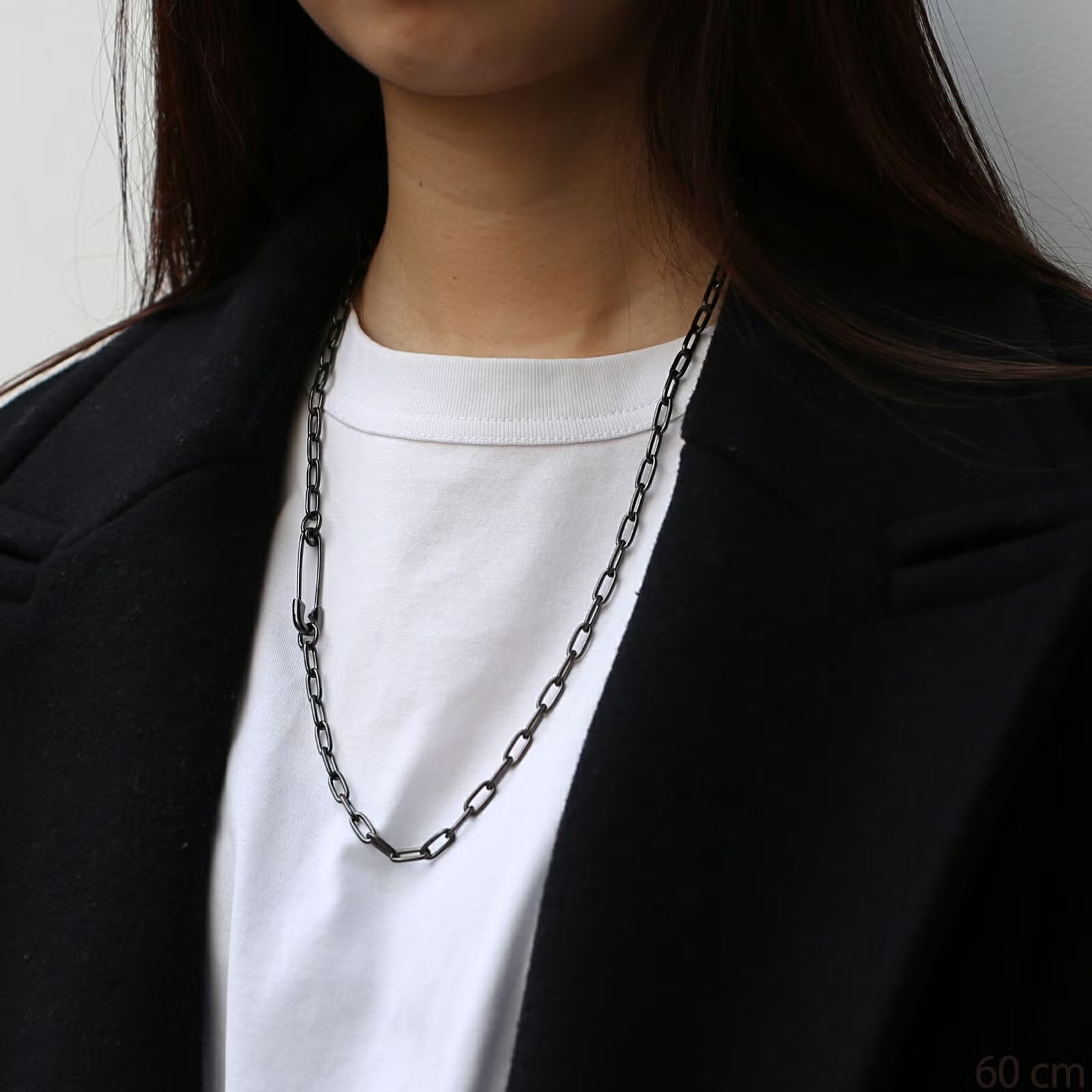 Safety Pin Long Azuki Chain Diamond Necklace M - Black
