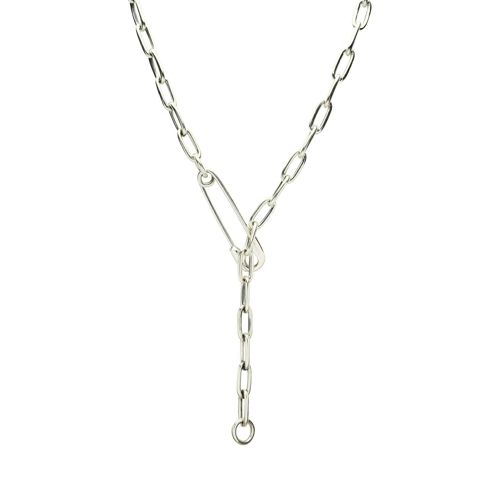 Safety Pin Long Azuki Chain Diamond Necklace M - Silver (Smoked Finish)