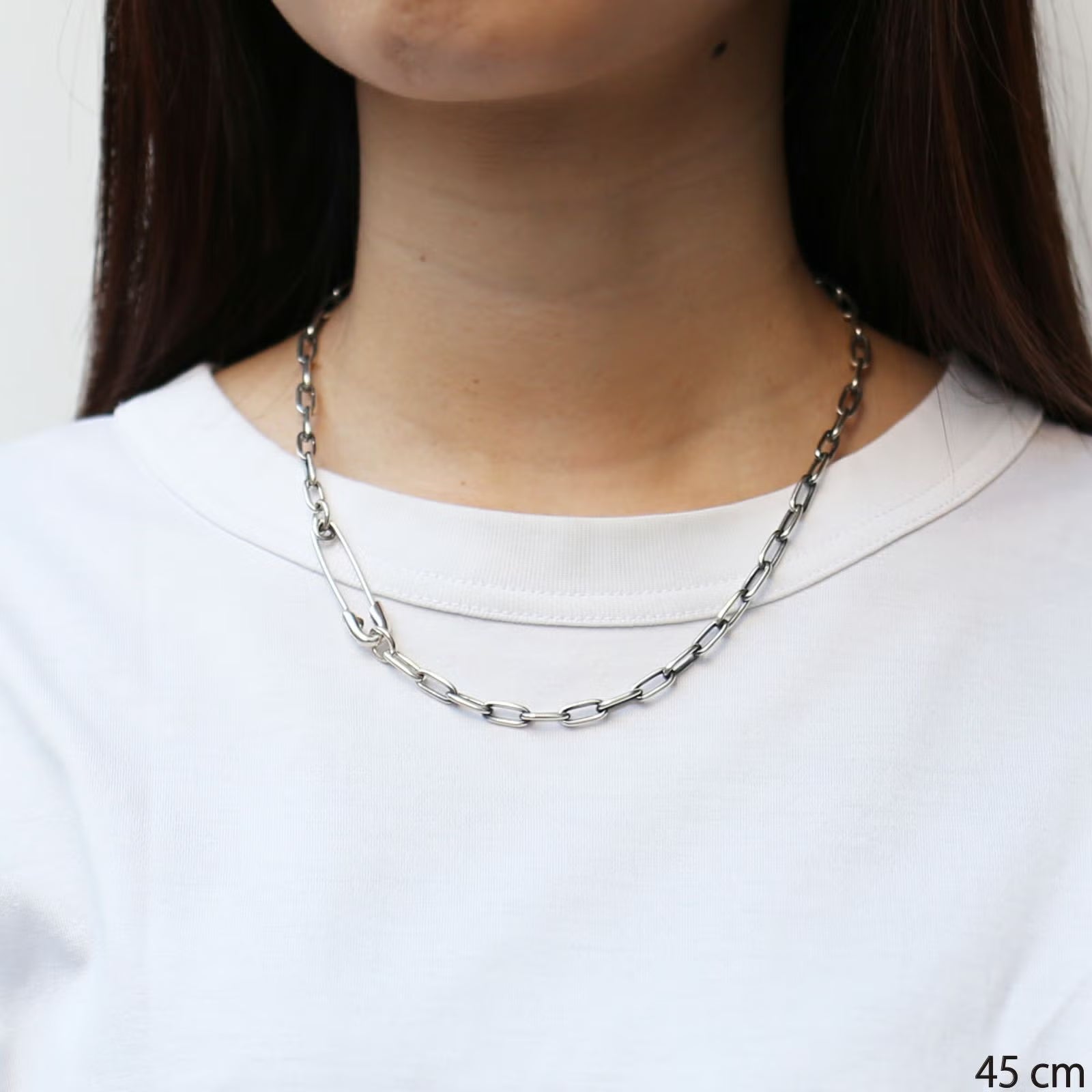 Safety Pin Long Azuki Chain Diamond Necklace M - Silver (Smoked Finish)