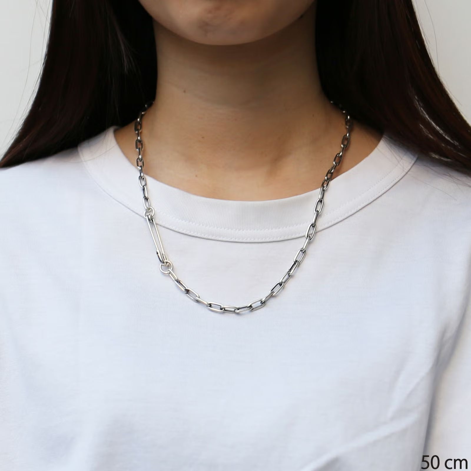 Safety Pin Long Azuki Chain Diamond Necklace M - Silver (Smoked Finish)