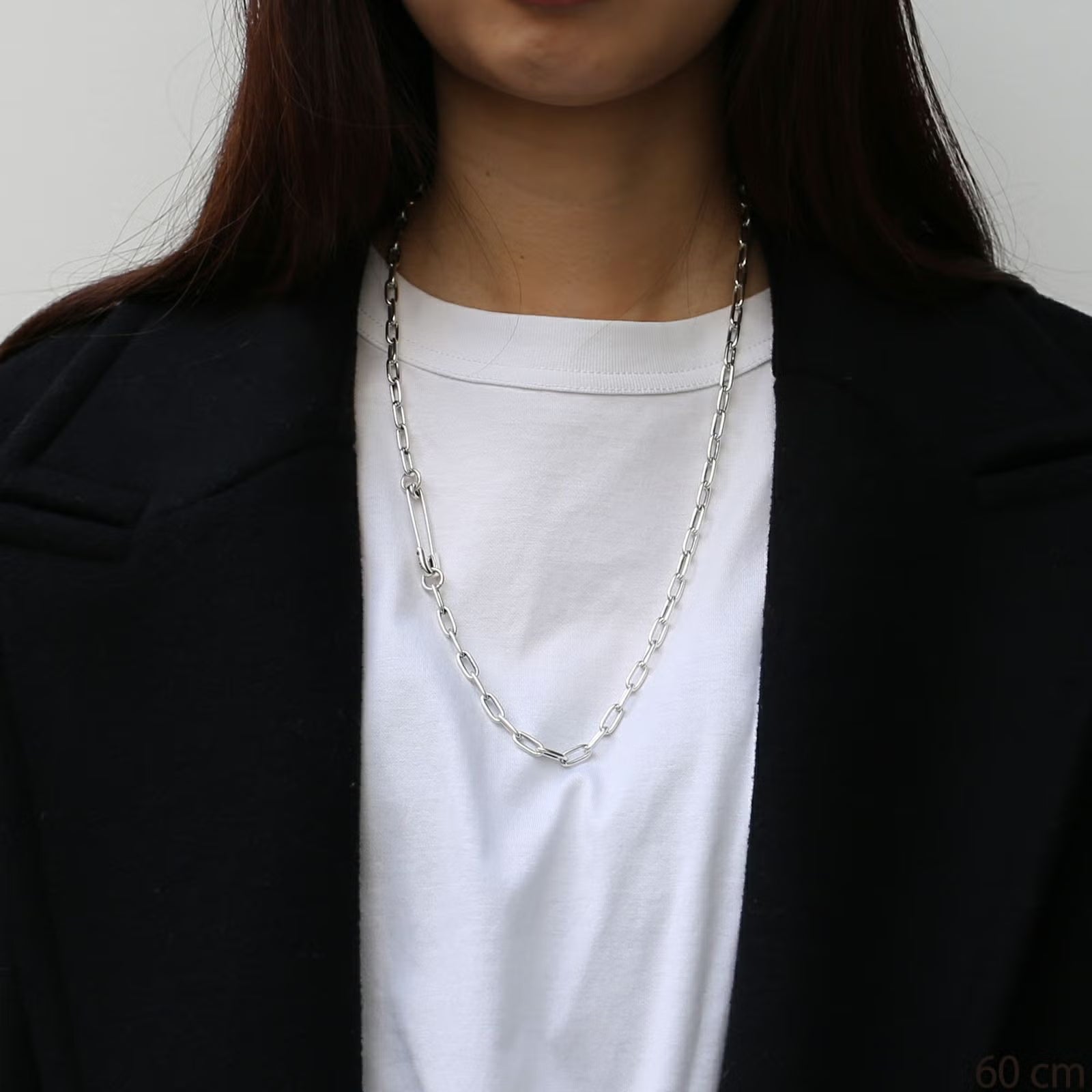 Safety Pin Long Azuki Chain Diamond Necklace M - Silver (Smoked Finish)