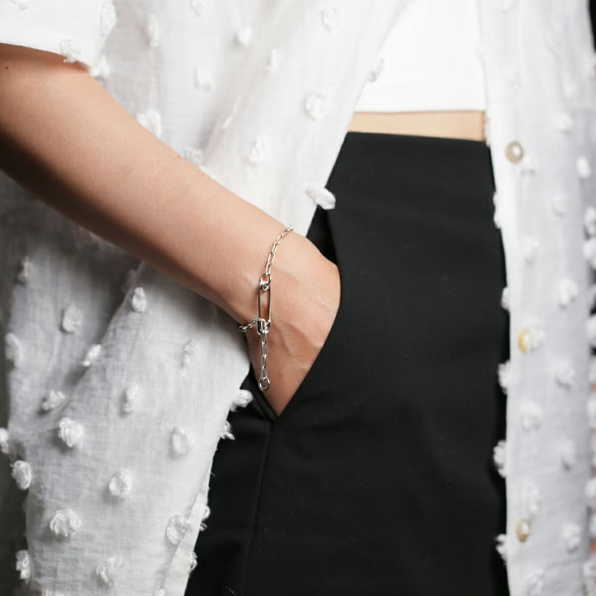 Long Safety Pin Azuki Chain Diamond Bracelet S - Silver (Mirror Finish)