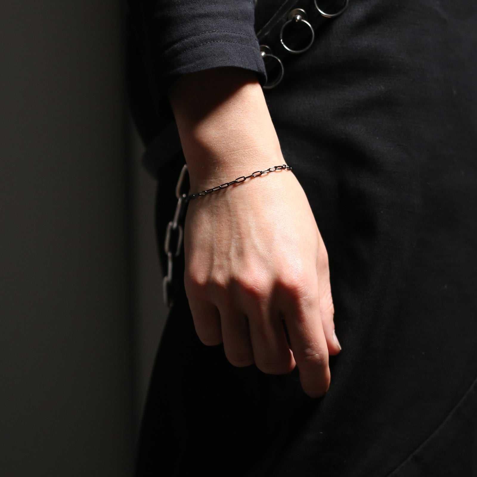 Long Safety Pin Azuki Chain Diamond Bracelet S - Black