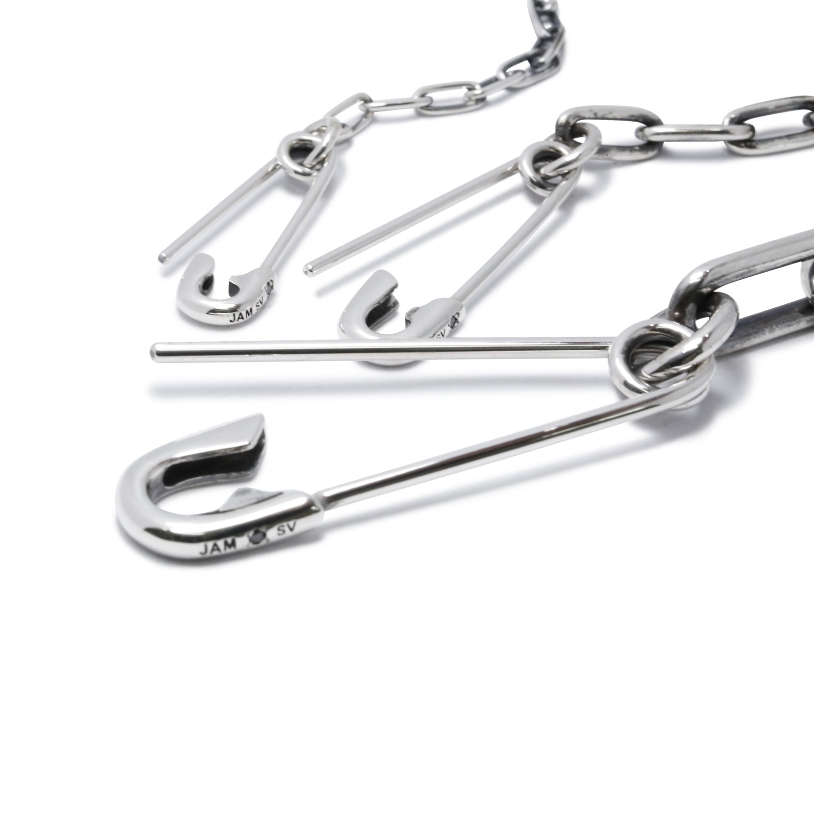 Long Safety Pin Azuki Chain Diamond Bracelet S - Silver (Smoked Finish)