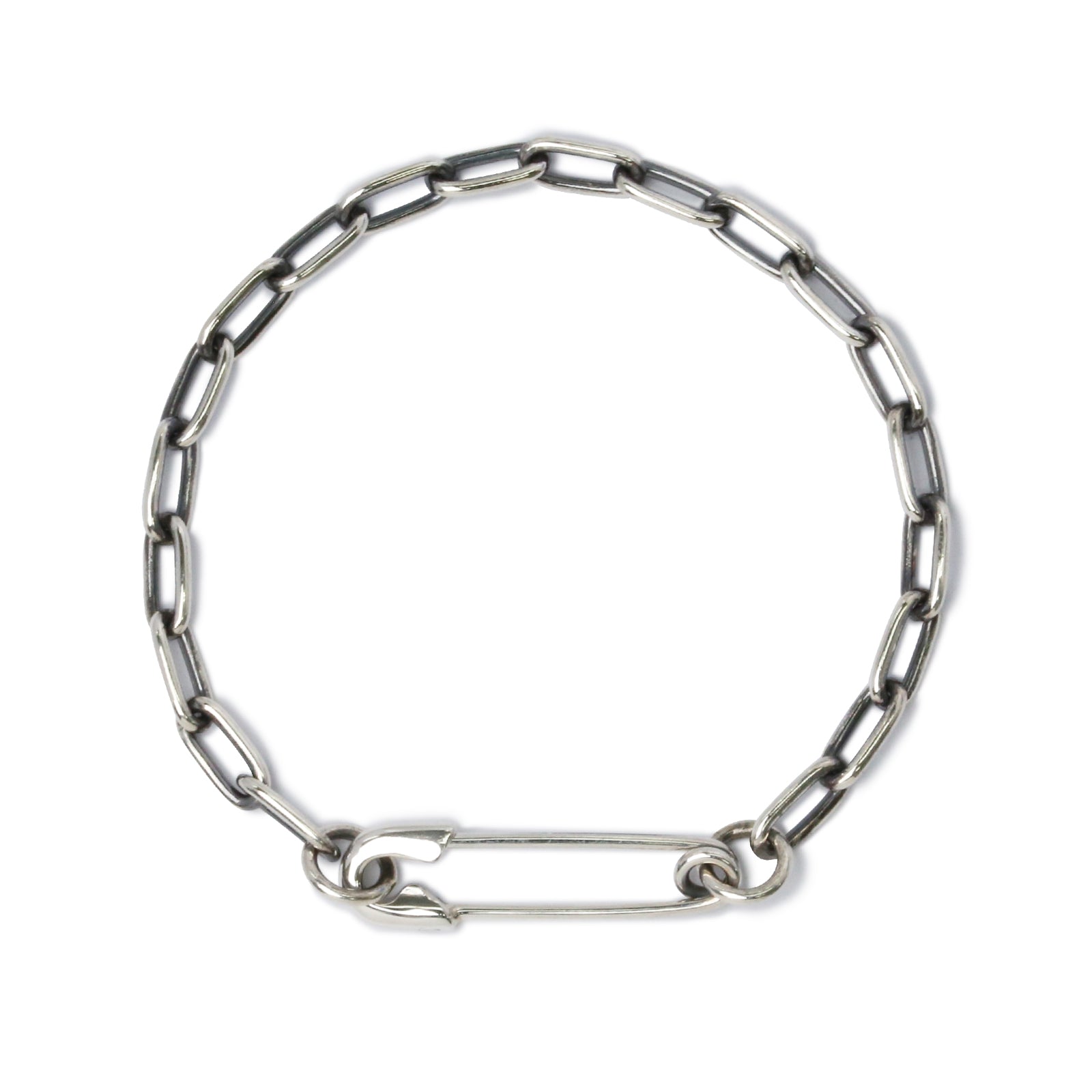 Long Safety Pin Azuki Chain Diamond Bracelet M - Silver (Smoked Finish)