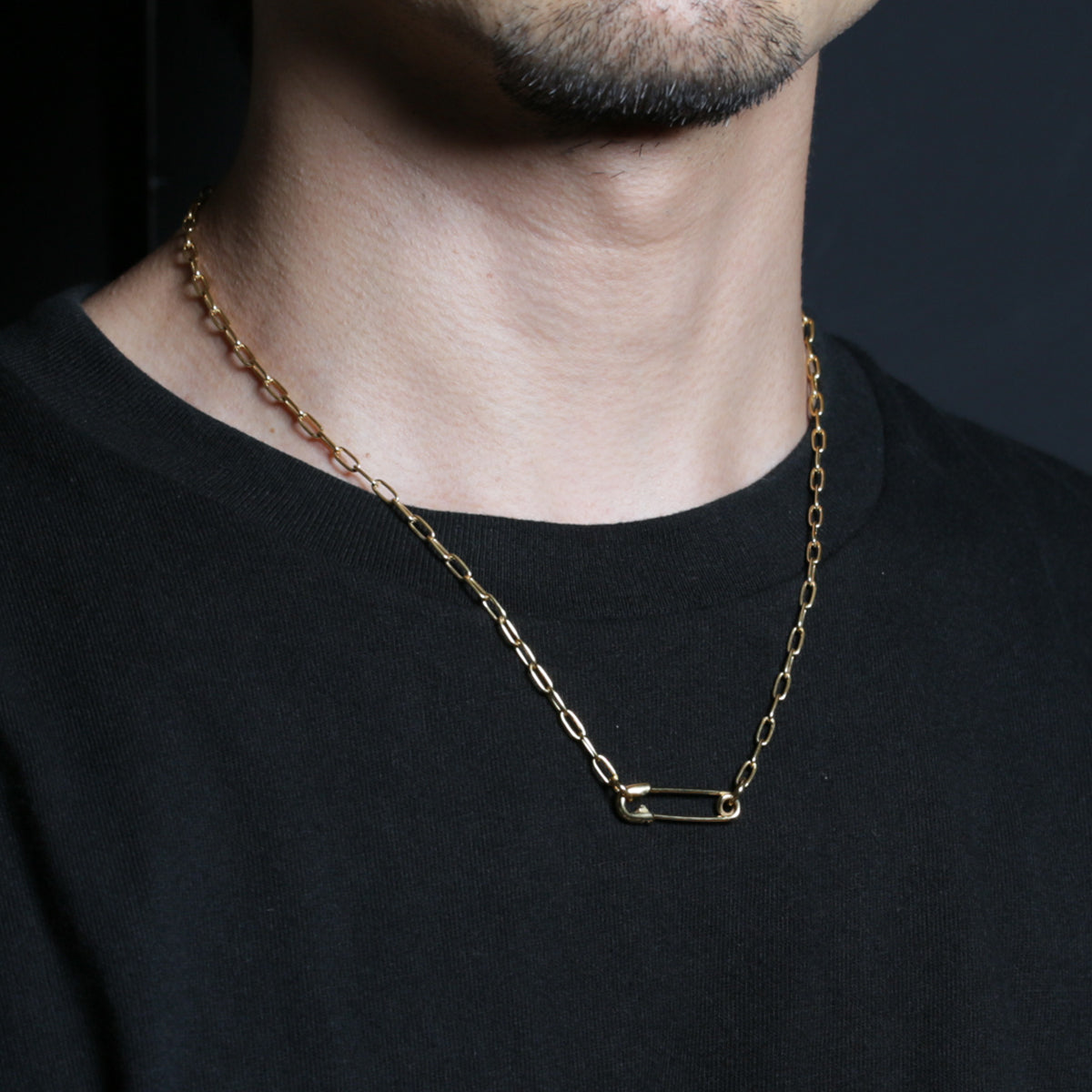 Safety Pin Long Azuki Chain Diamond Necklace S - Gold