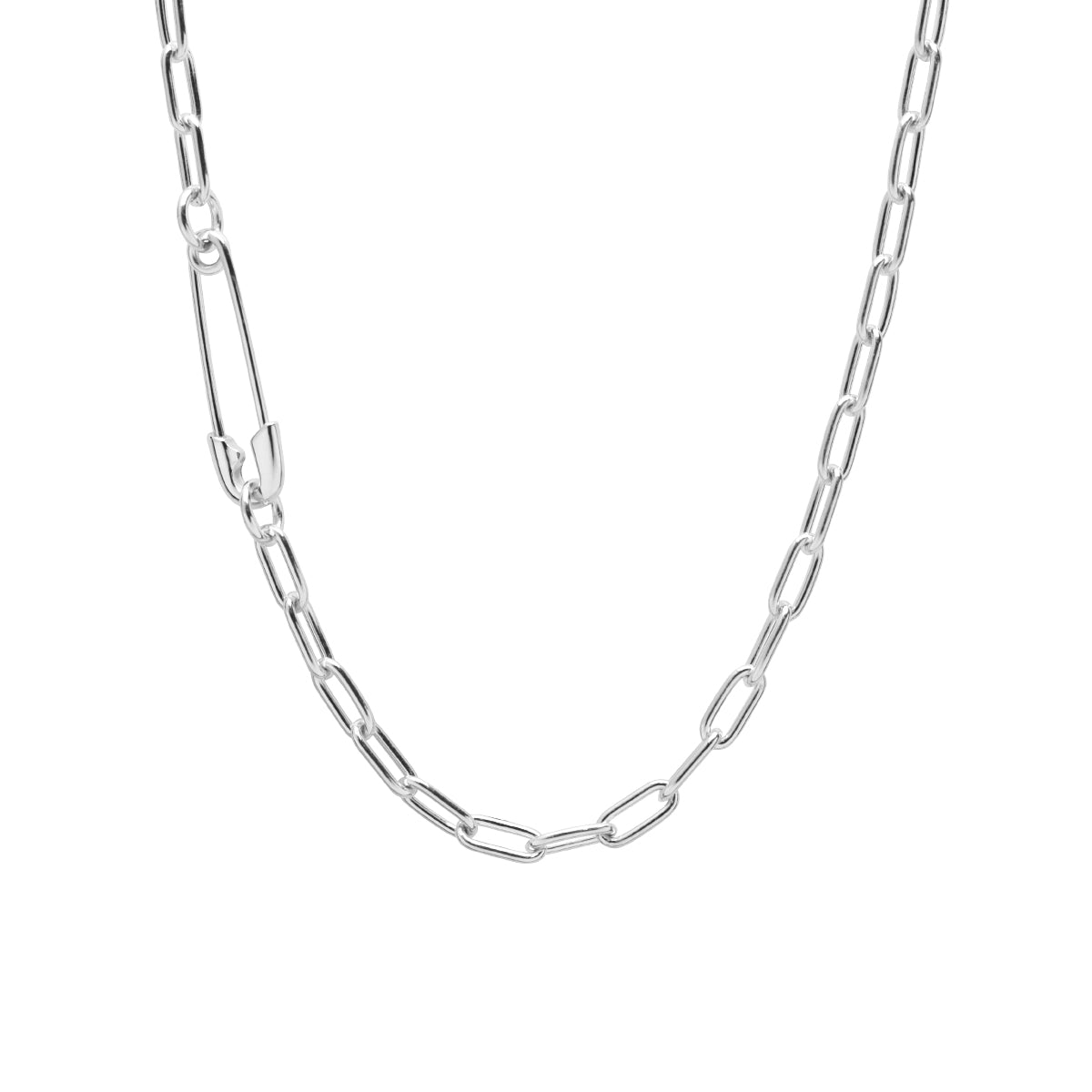 Safety Pin Long Azuki Chain Diamond Necklace M - Silver (Mirror Finish)