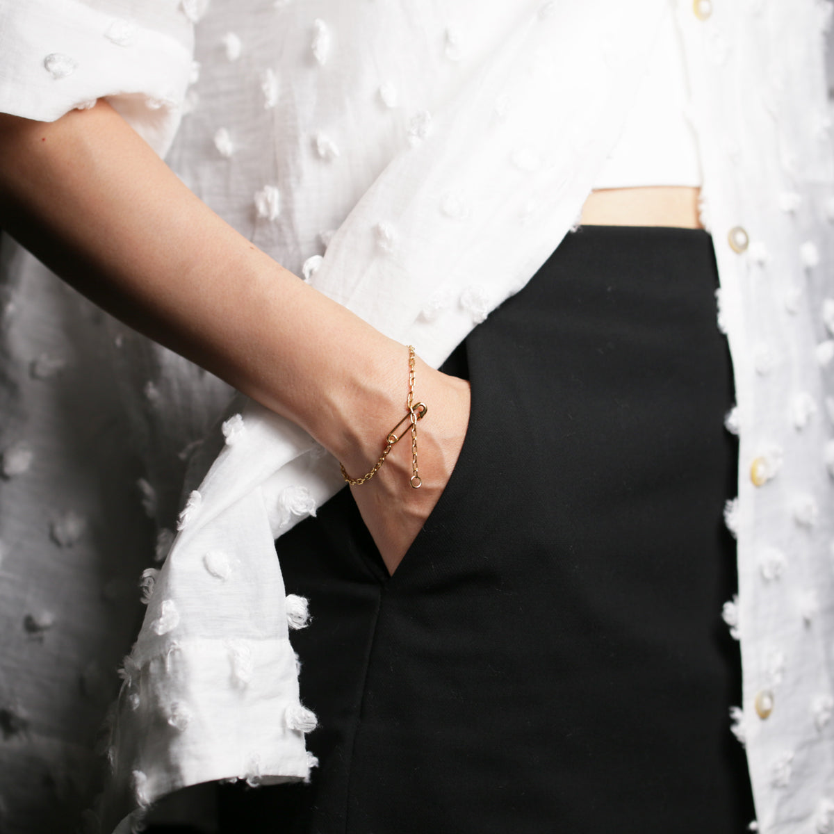 Safety Pin Long Azuki Chain Diamond Bracelet XS - Gold