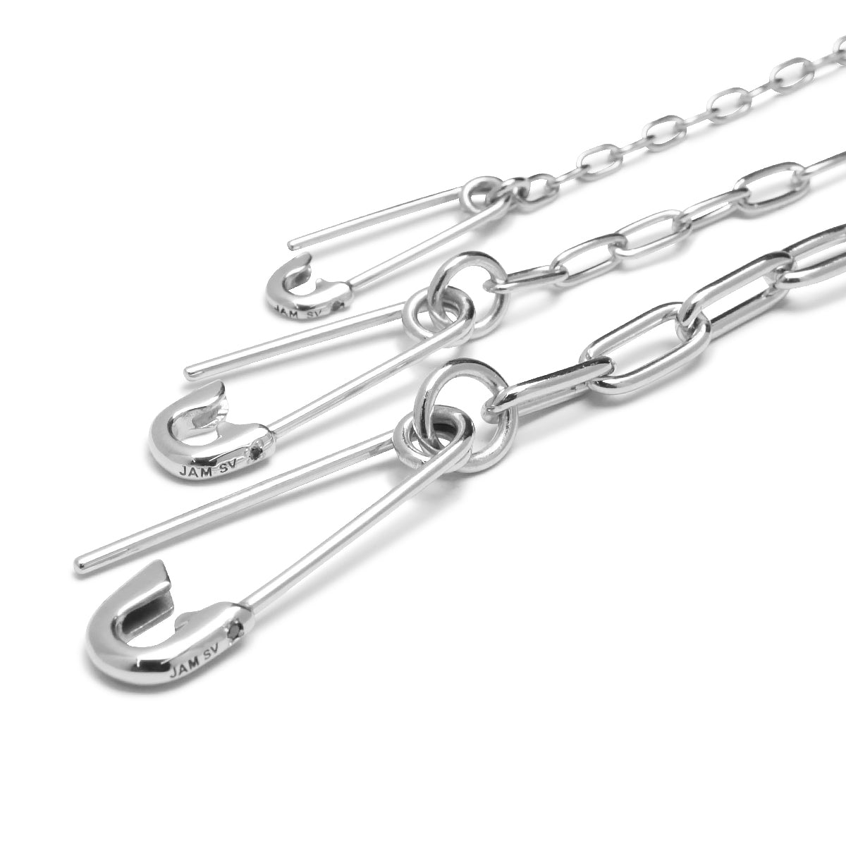 Safety Pin Long Azuki Chain Diamond Bracelet XS - Silver (Mirror Finish)
