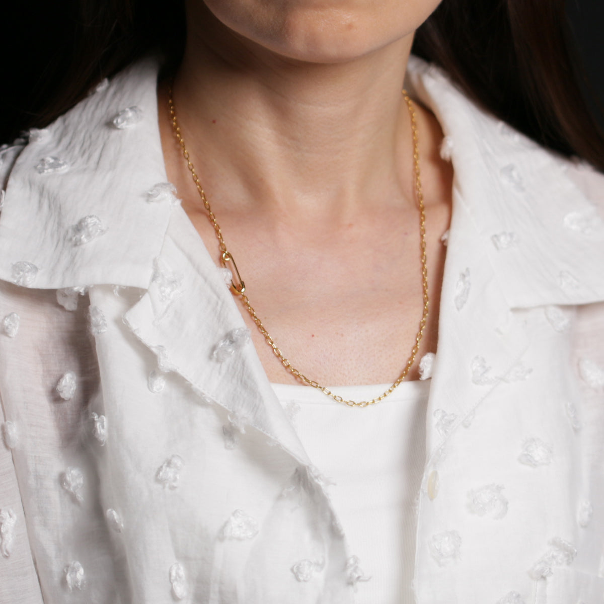 Safety Pin Long Azuki Chain Diamond Necklace XS - Gold