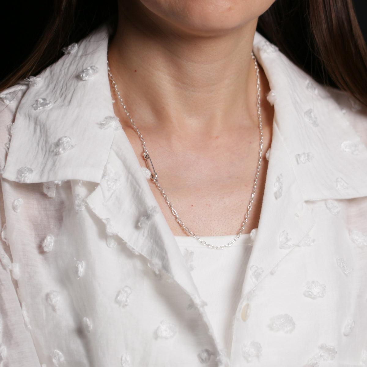 Safety Pin Long Azuki Chain Diamond Necklace XS - Silver (Mirror Finish)