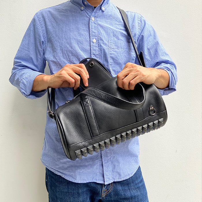 ENDURE Leather Studded 2-Way Drum Bag Shoulder Bag S - Black