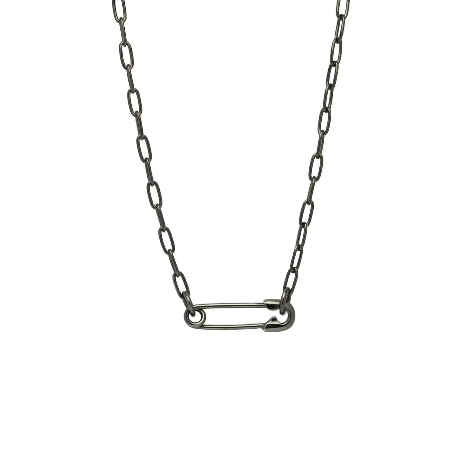 Safety Pin Long Azuki Chain Diamond Necklace S - Black