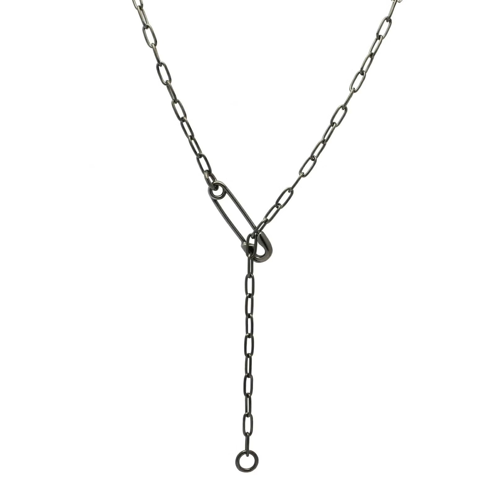 Safety Pin Long Azuki Chain Diamond Necklace S - Black