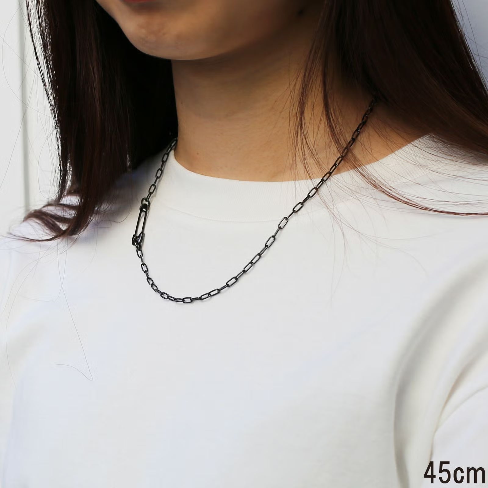 Safety Pin Long Azuki Chain Diamond Necklace S - Black