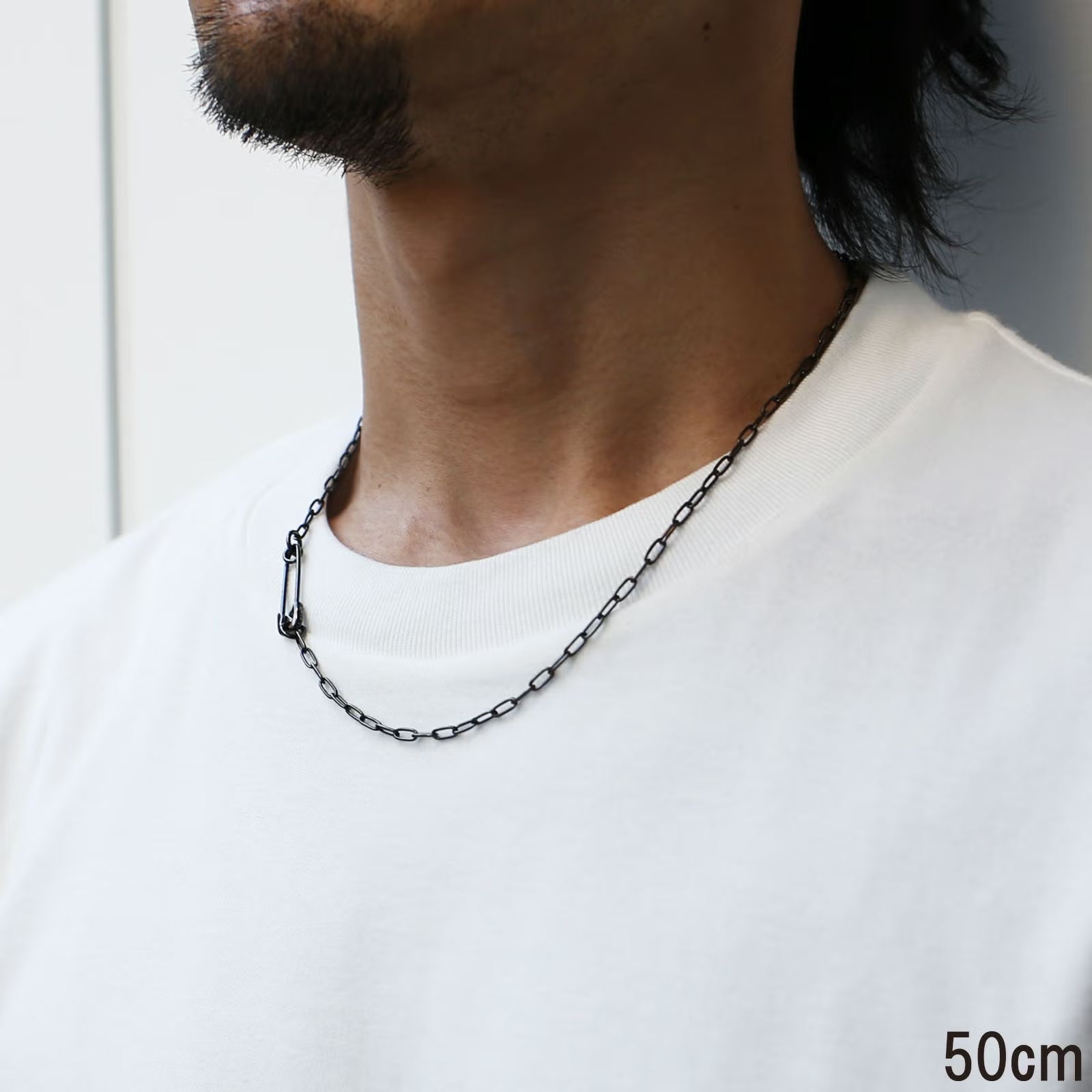 Safety Pin Long Azuki Chain Diamond Necklace S - Black