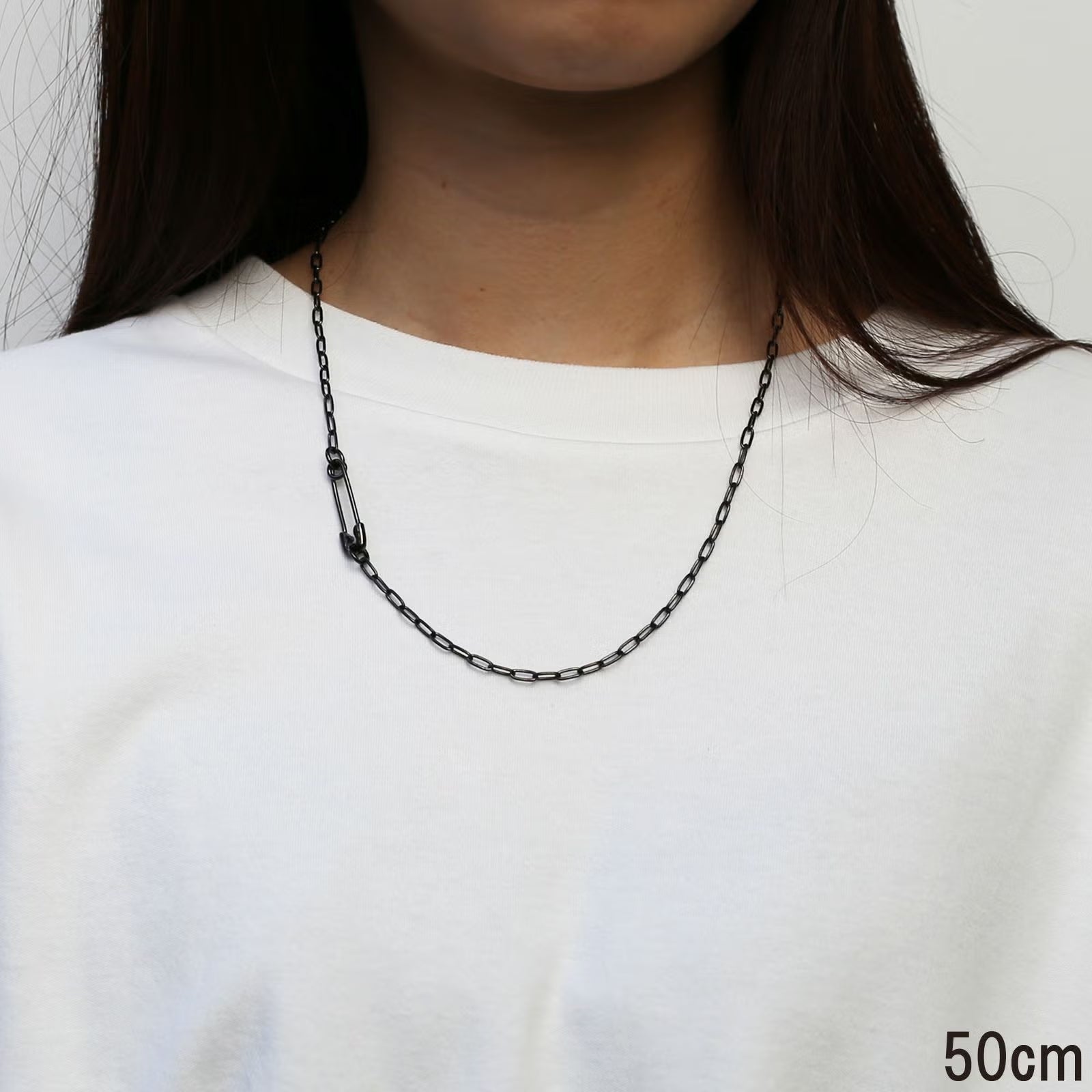 Safety Pin Long Azuki Chain Diamond Necklace S - Black
