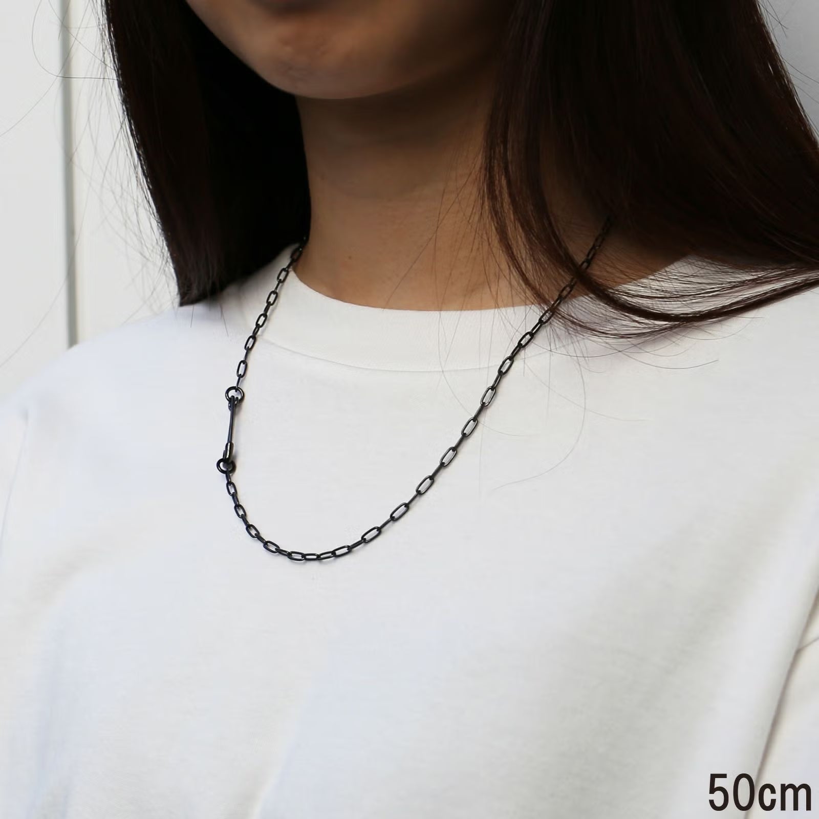 Safety Pin Long Azuki Chain Diamond Necklace S - Black