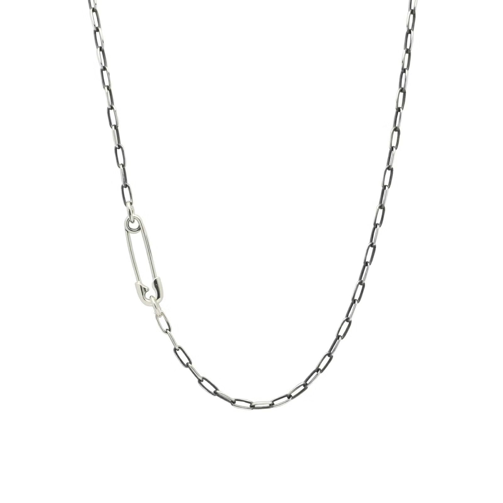 Safety Pin Long Azuki Chain Diamond Necklace S - Silver (Smoked Finish)