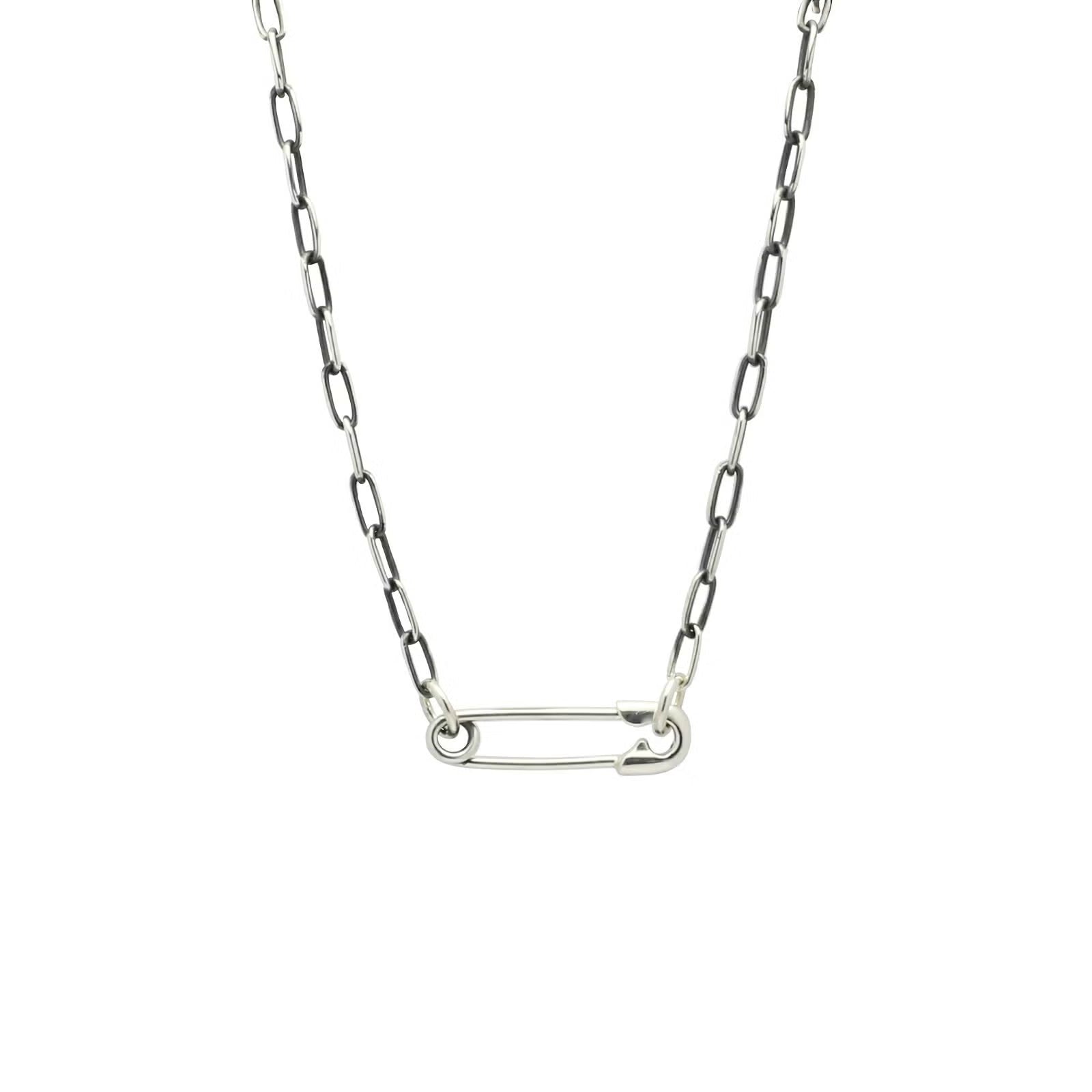 Safety Pin Long Azuki Chain Diamond Necklace S - Silver (Smoked Finish)