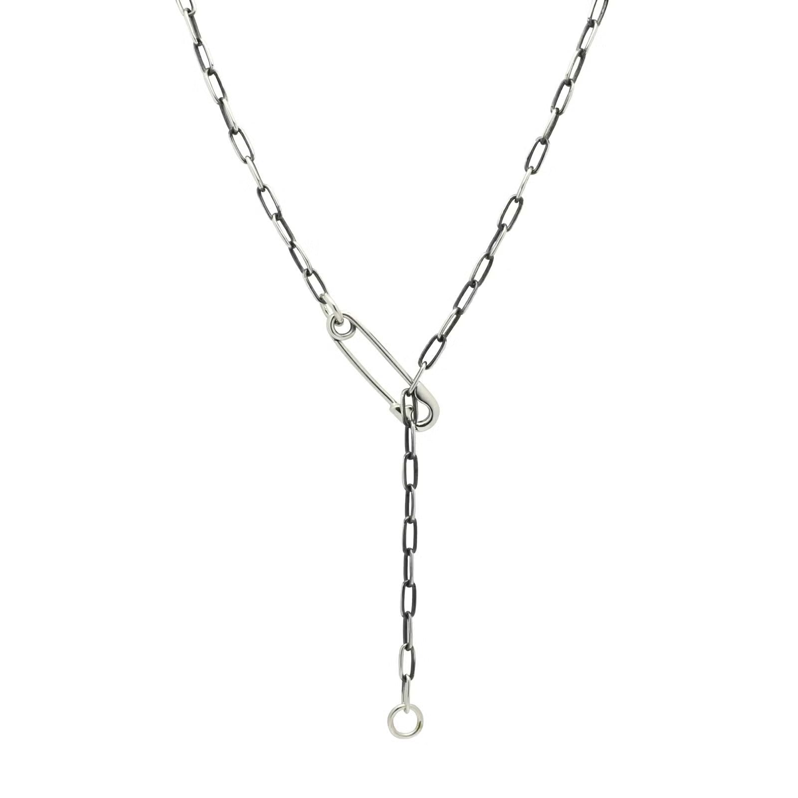 Safety Pin Long Azuki Chain Diamond Necklace S - Silver (Smoked Finish)