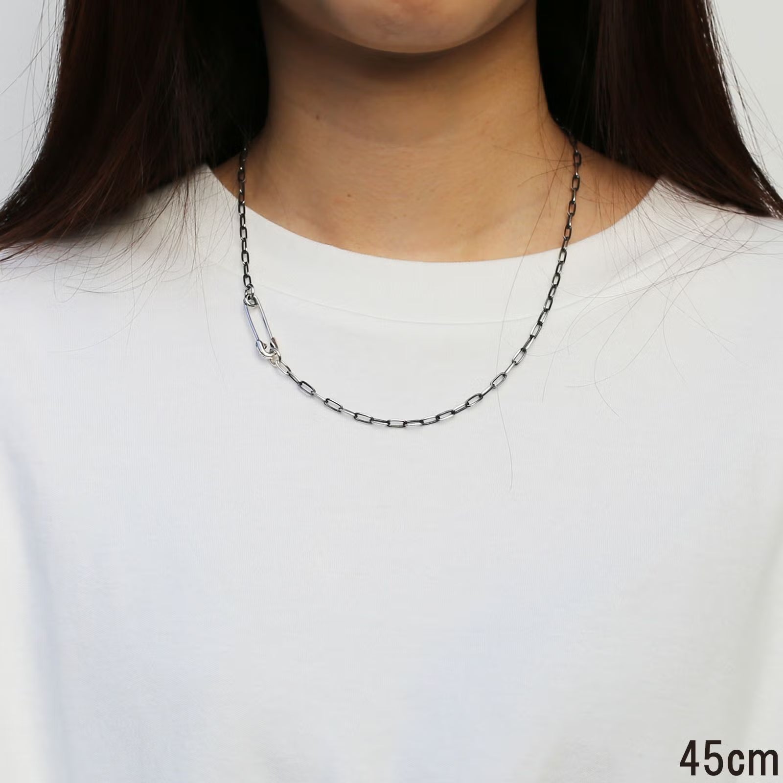 Safety Pin Long Azuki Chain Diamond Necklace S - Silver (Smoked Finish)