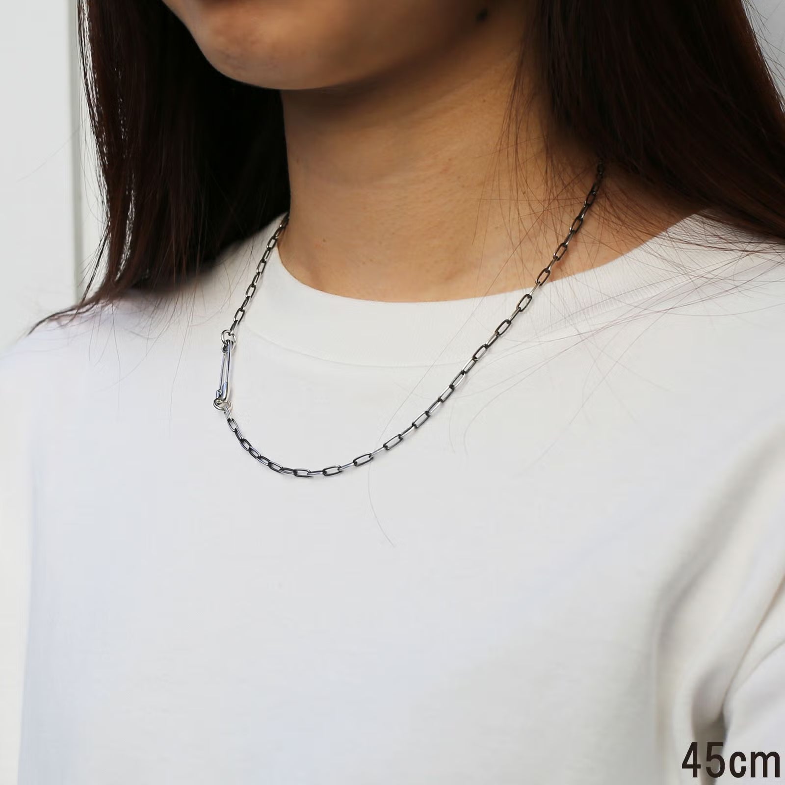 Safety Pin Long Azuki Chain Diamond Necklace S - Silver (Smoked Finish)