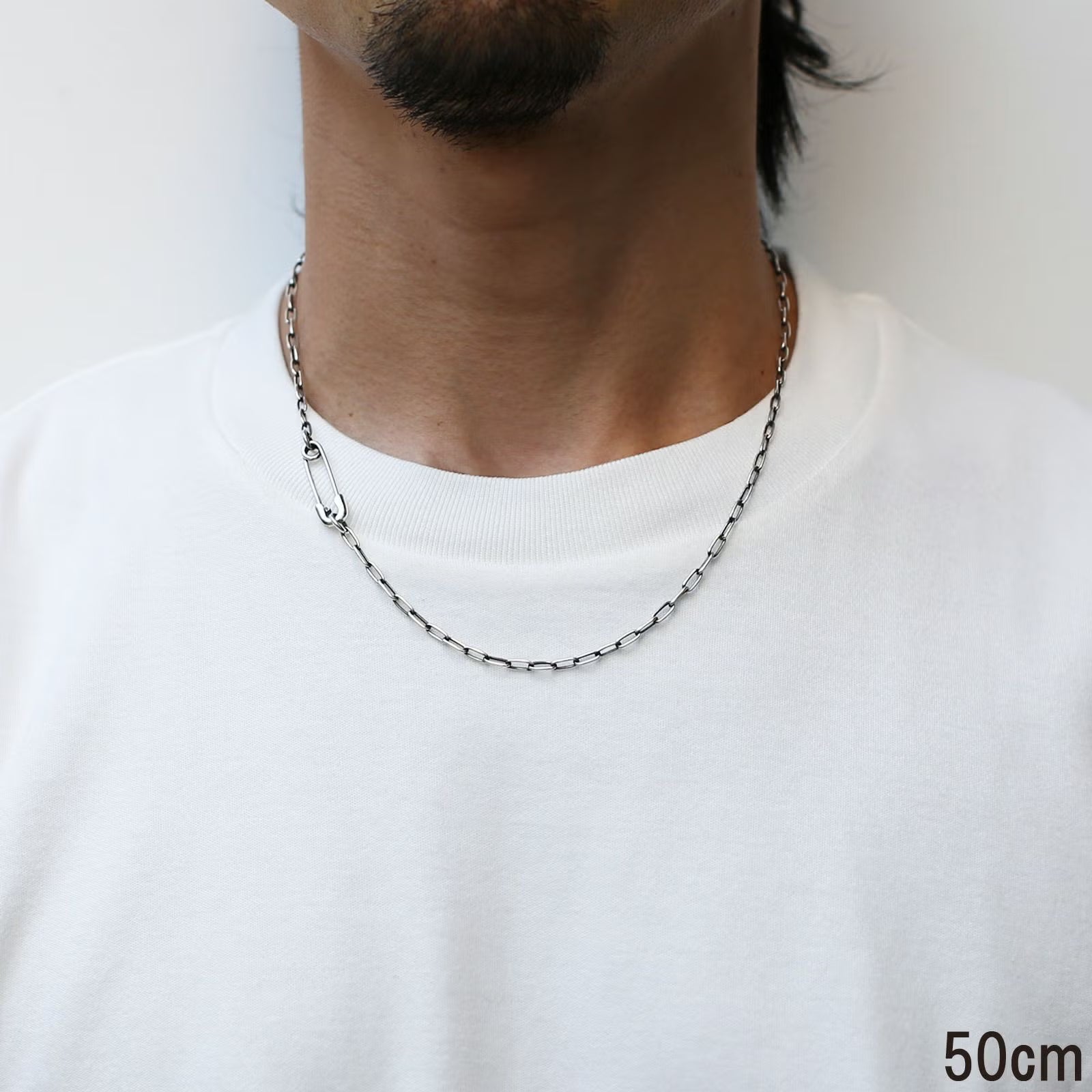 Safety Pin Long Azuki Chain Diamond Necklace S - Silver (Smoked Finish)