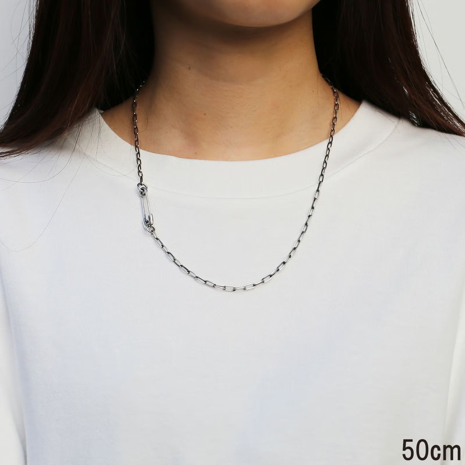 Safety Pin Long Azuki Chain Diamond Necklace S - Silver (Smoked Finish)