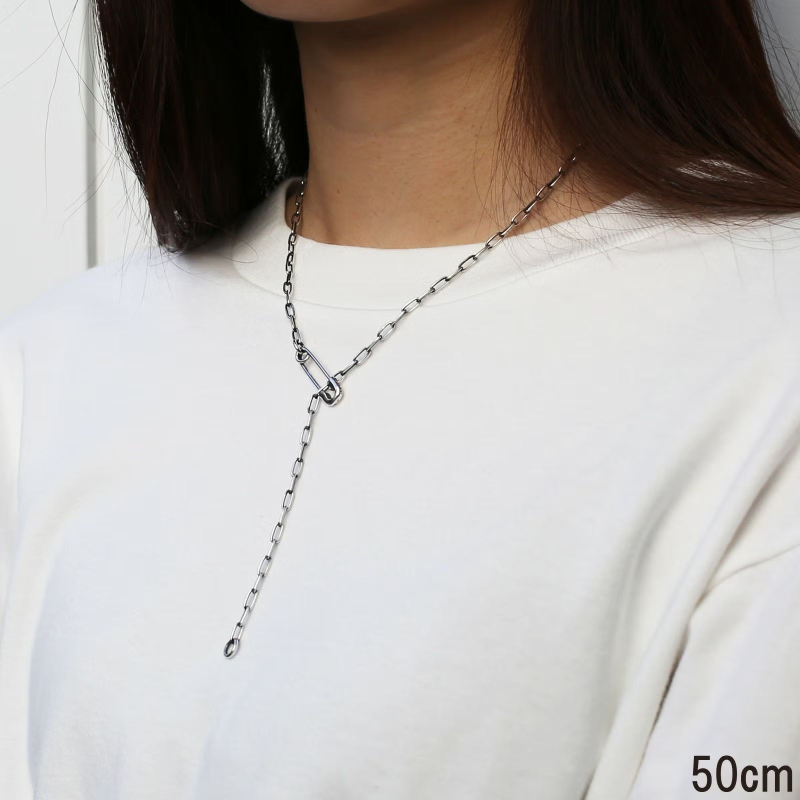 Safety Pin Long Azuki Chain Diamond Necklace S - Silver (Smoked Finish)