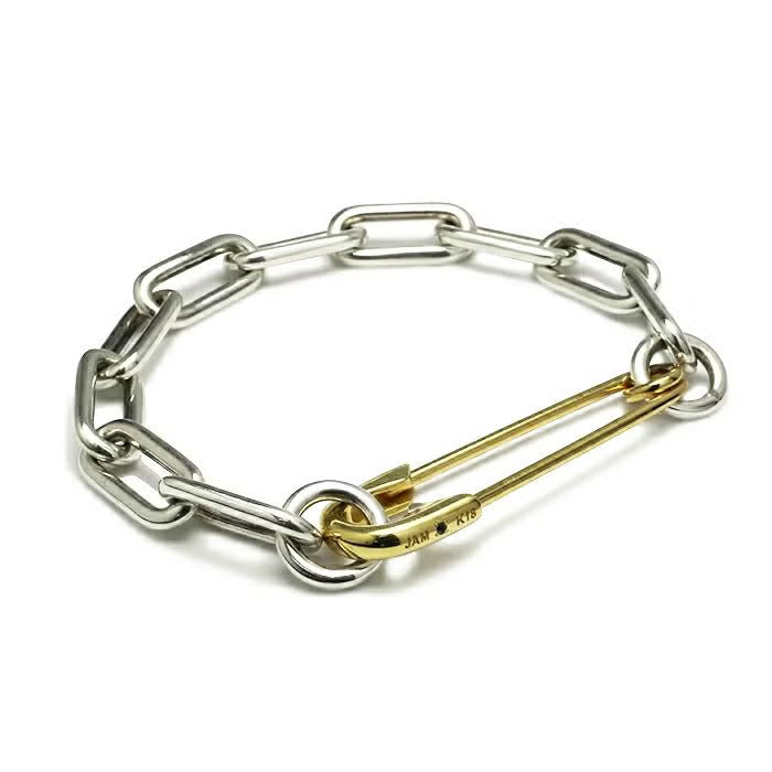 Safety Pin Long Azuki Chain Diamond Bracelet L - 18K Yellow Gold