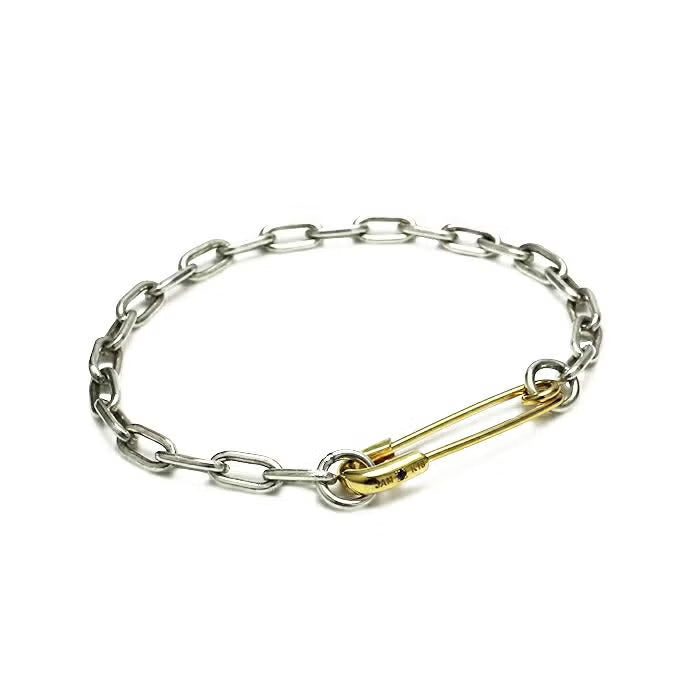 Safety Pin Long Azuki Chain Diamond Bracelet M - 18K Yellow Gold