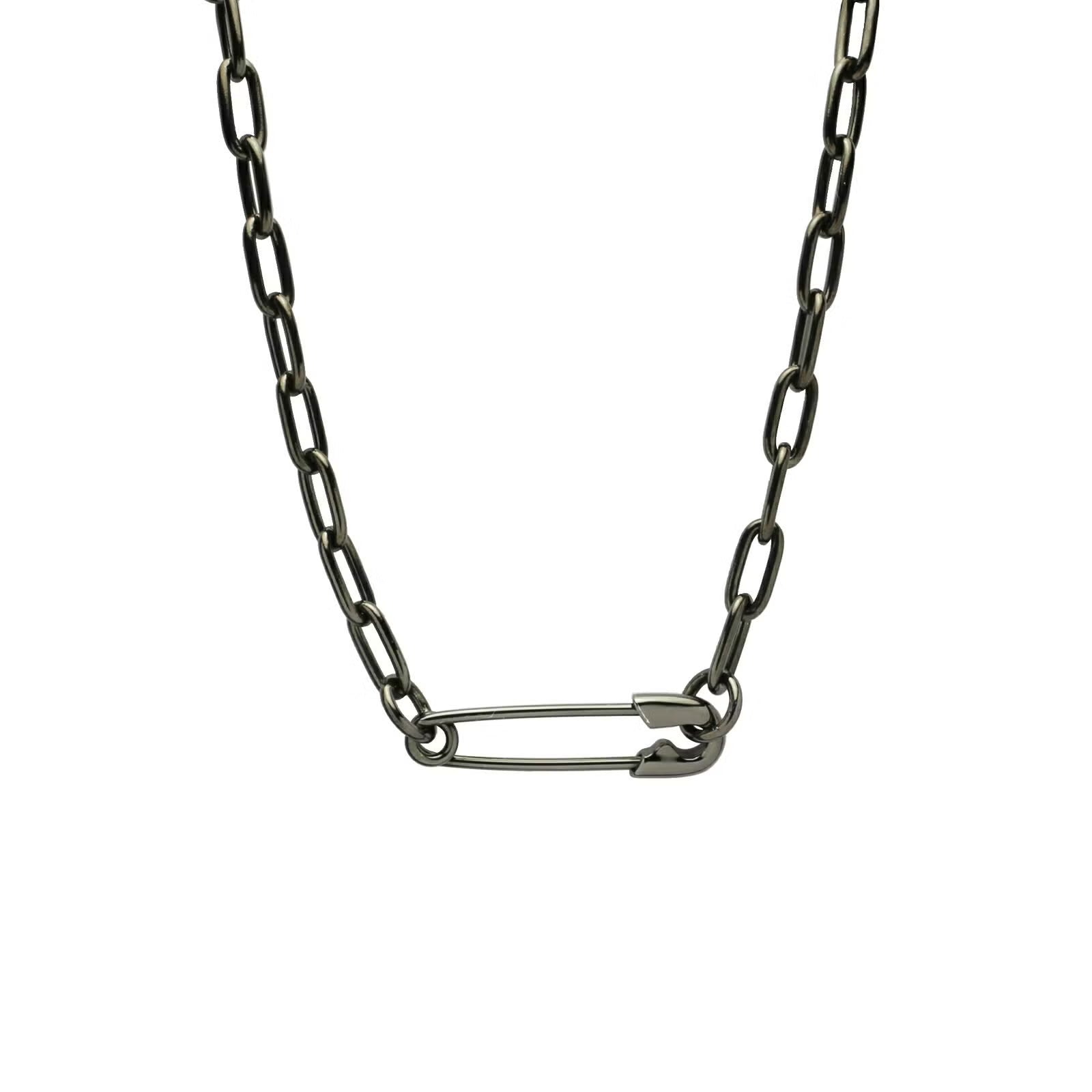 Safety Pin Long Azuki Chain Diamond Necklace M - Black
