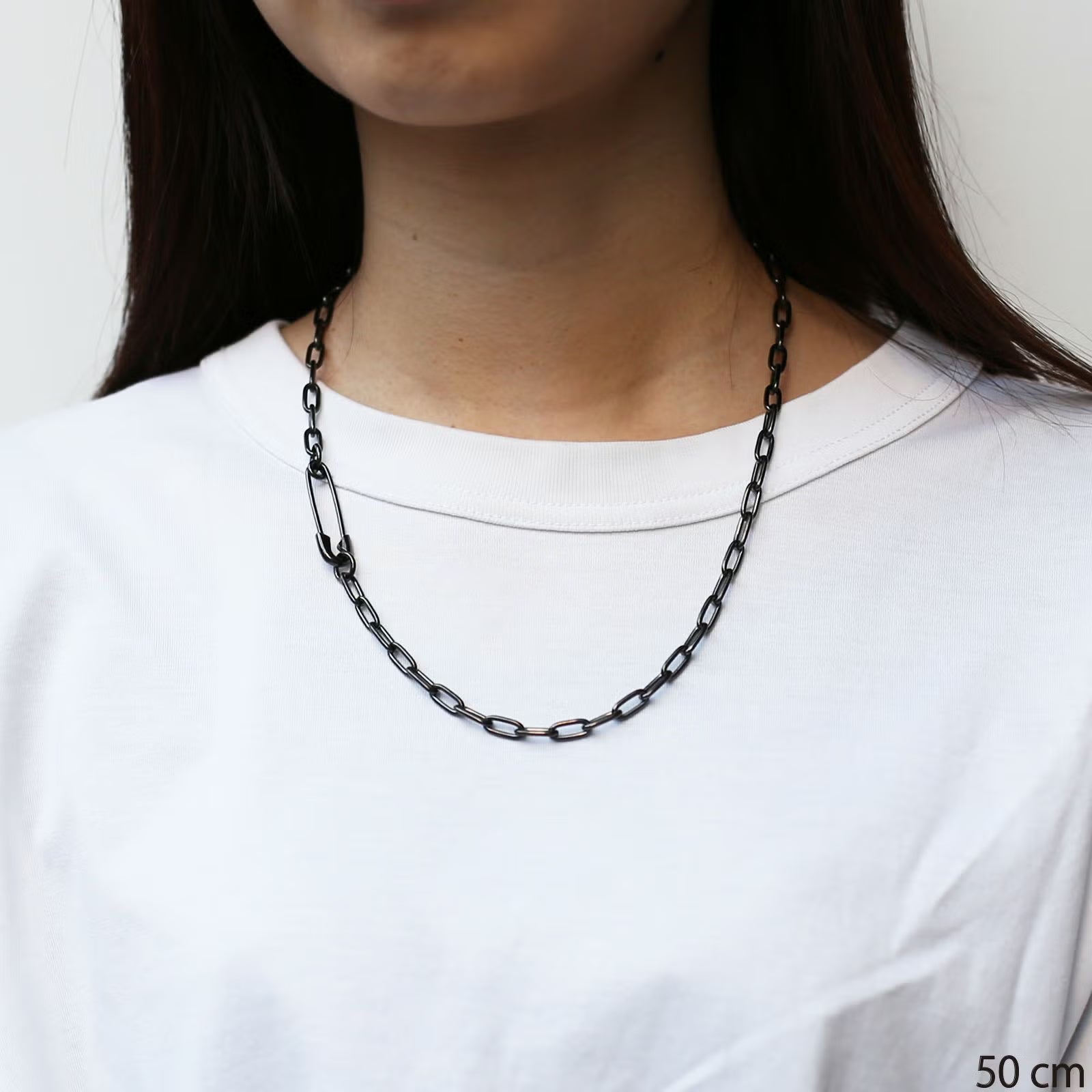 Safety Pin Long Azuki Chain Diamond Necklace M - Black