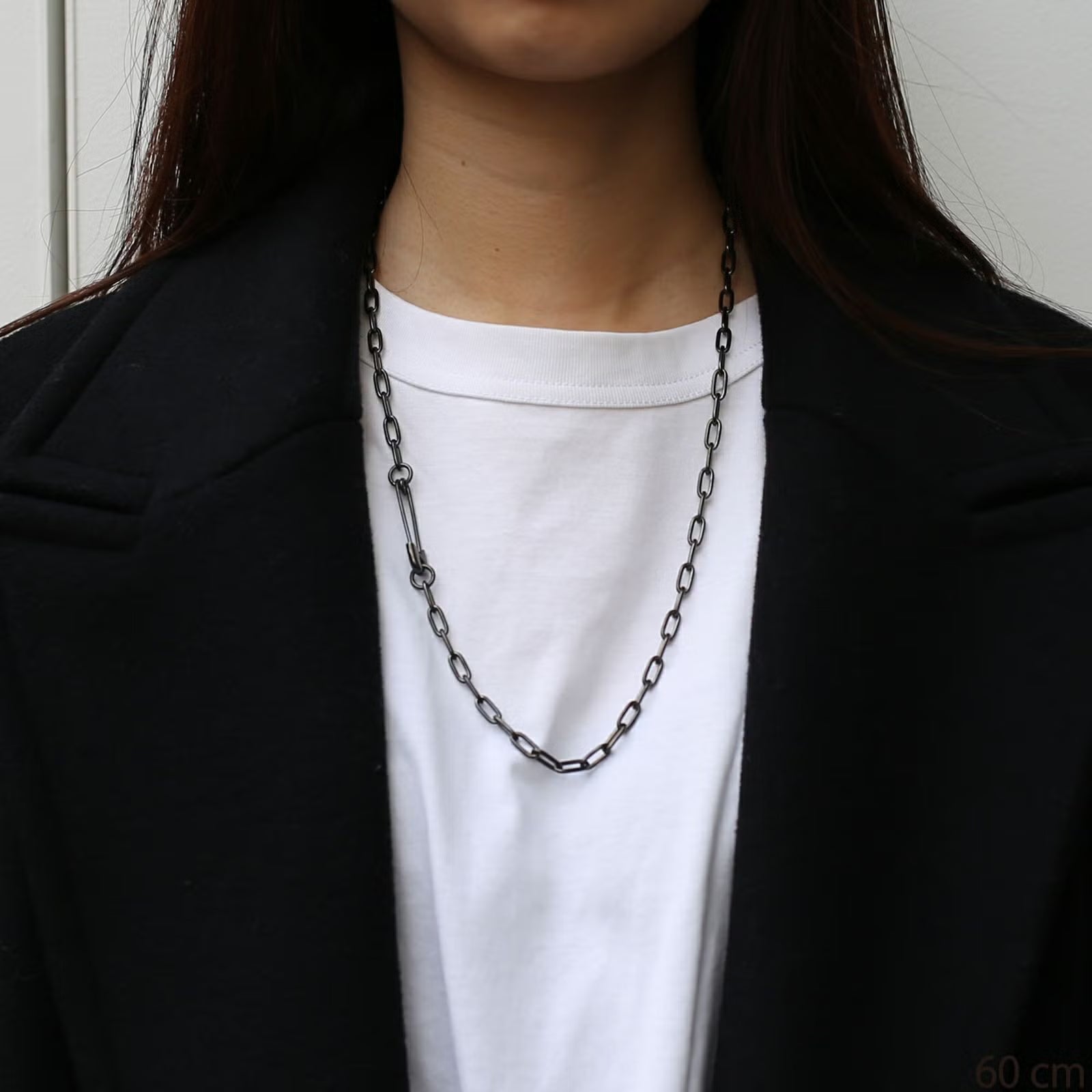 Safety Pin Long Azuki Chain Diamond Necklace M - Black