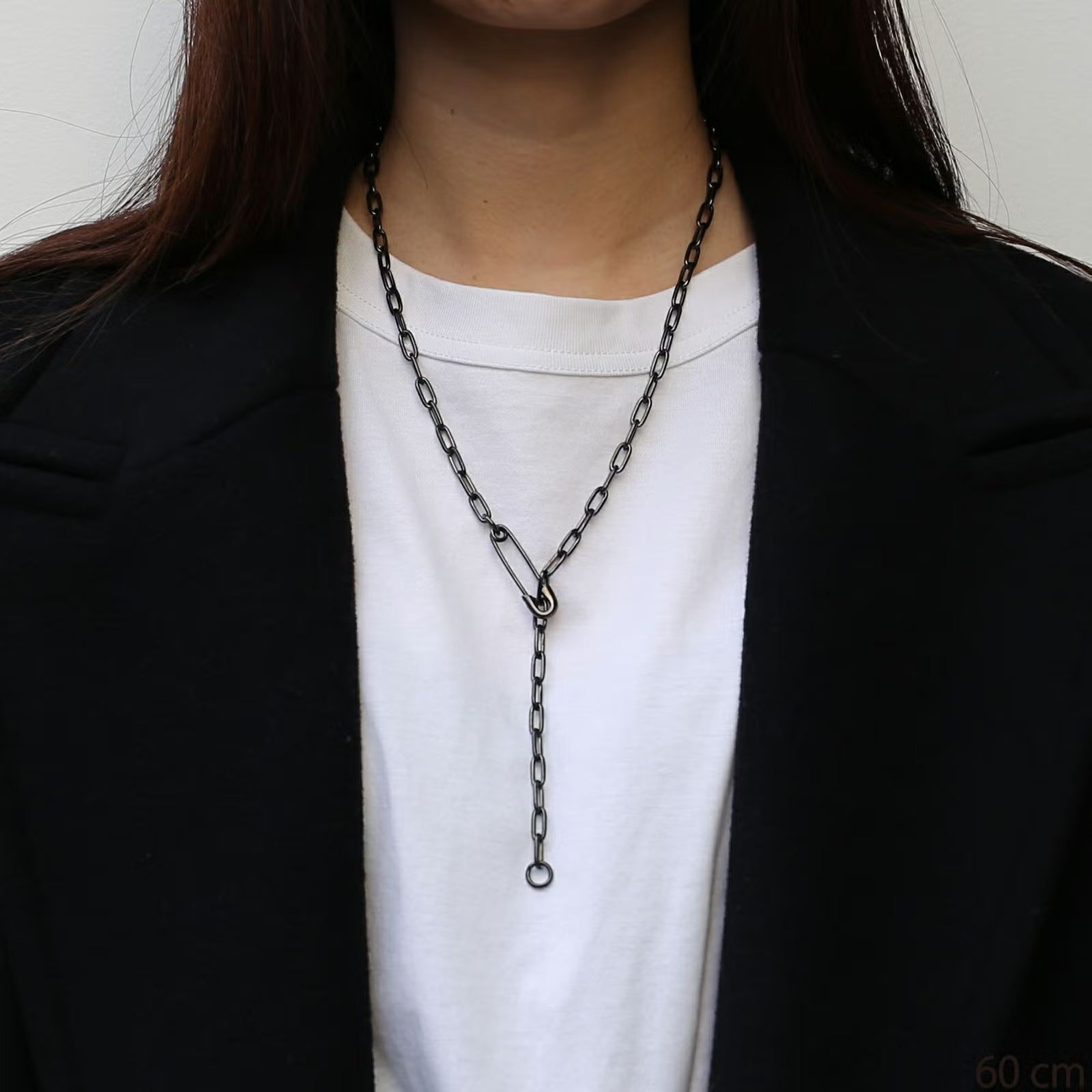 Safety Pin Long Azuki Chain Diamond Necklace M - Black