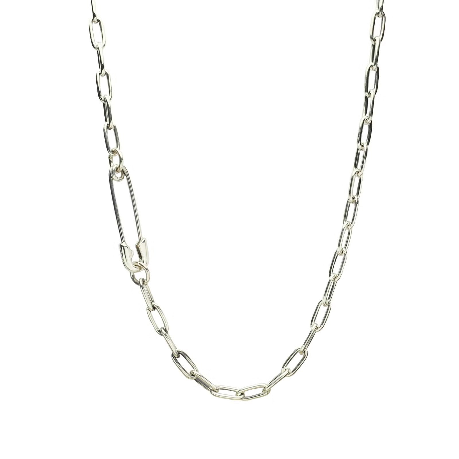 Safety Pin Long Azuki Chain Diamond Necklace M - Silver (Smoked Finish)