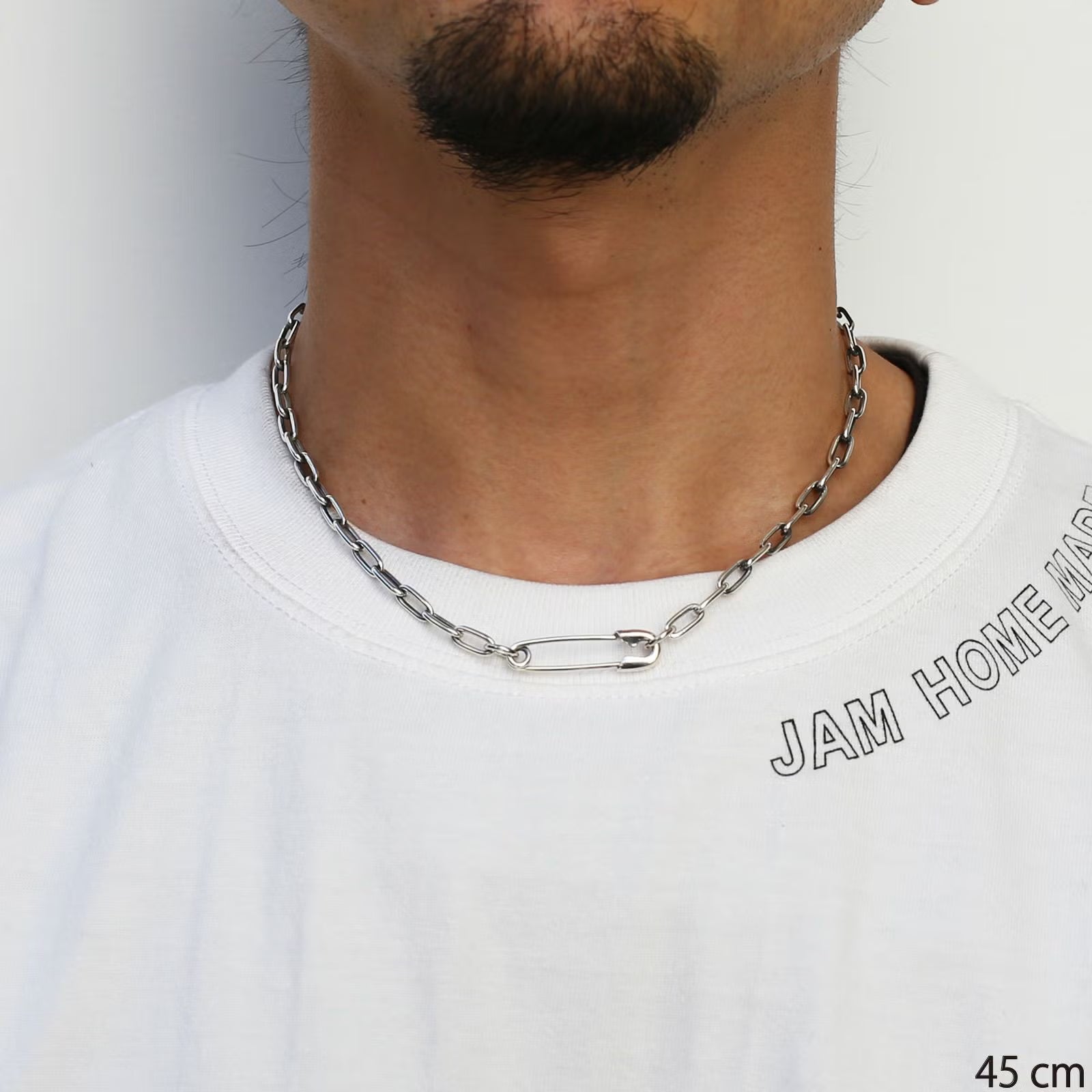 Safety Pin Long Azuki Chain Diamond Necklace M - Silver (Smoked Finish)