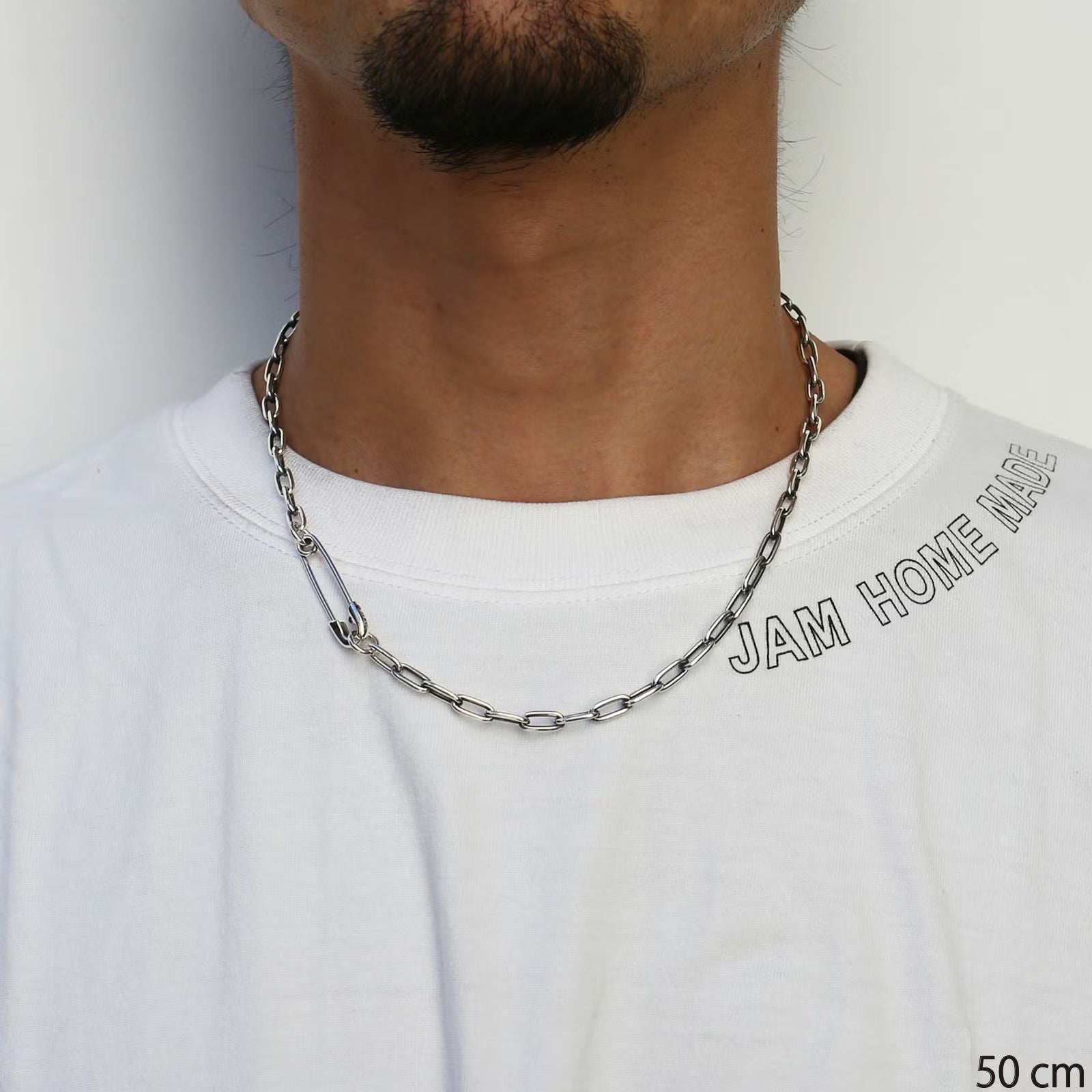 Safety Pin Long Azuki Chain Diamond Necklace M - Silver (Smoked Finish)